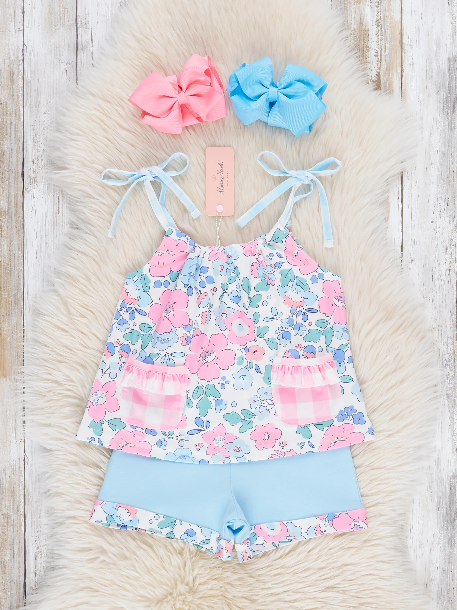 Pink & Blue Gingham Floral Bloomers Outfit - Image 2