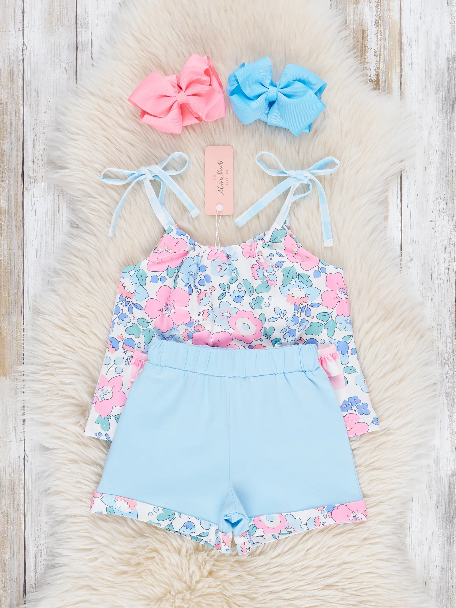 Pink & Blue Gingham Floral Bloomers Outfit - Image 3