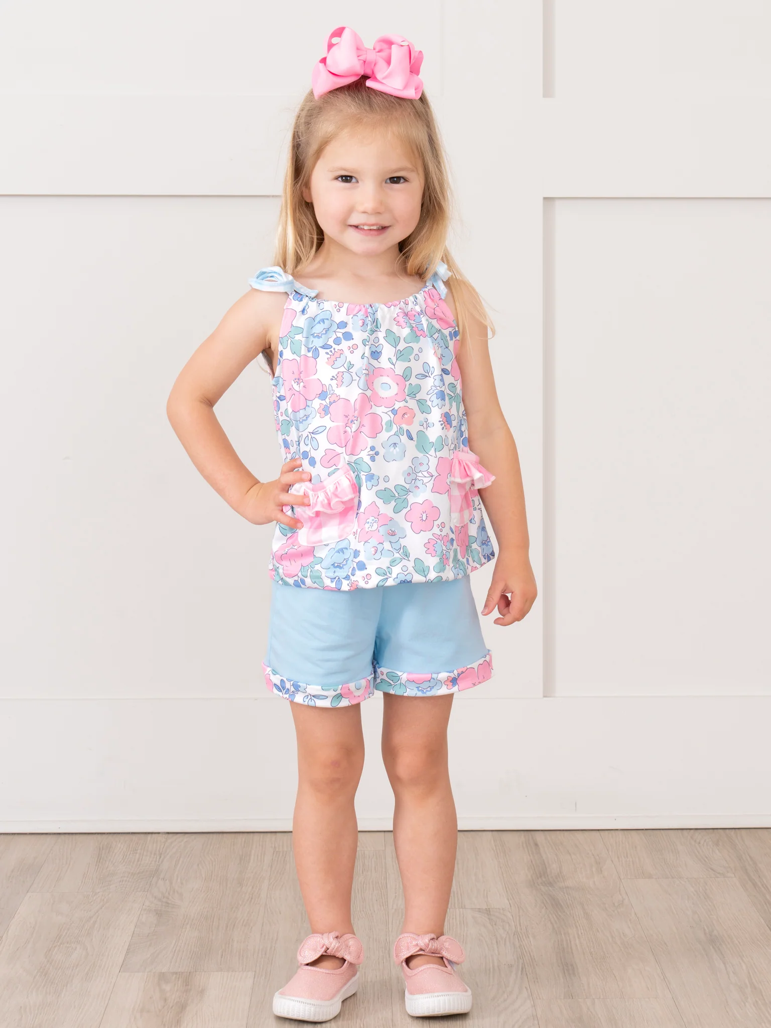 Pink & Blue Gingham Floral Bloomers Outfit - Image 5