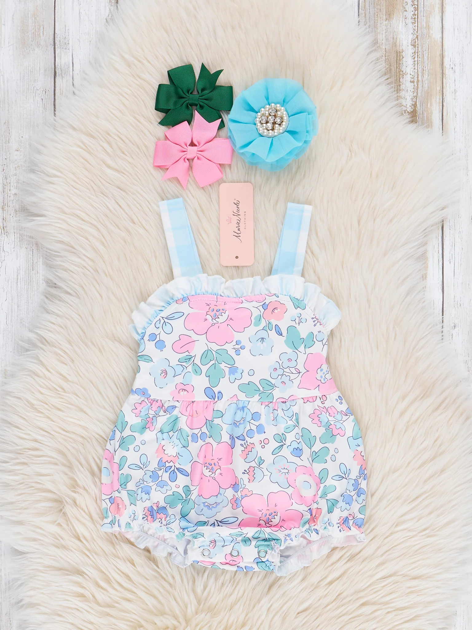 Pink & Blue Gingham Floral Ruffle Bubble Romper