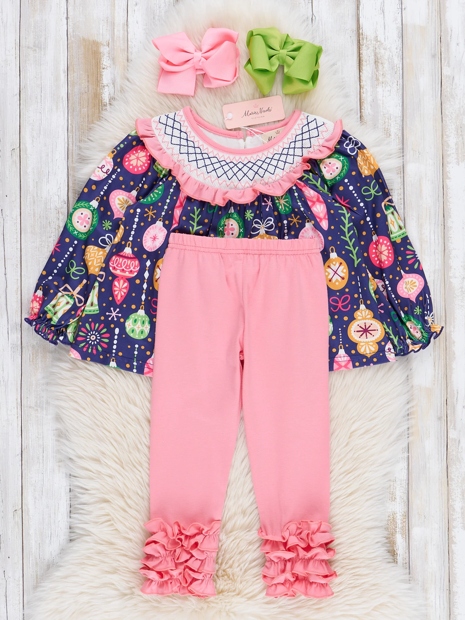 Pink & Blue Ornaments Smocked Outfit - Image 3