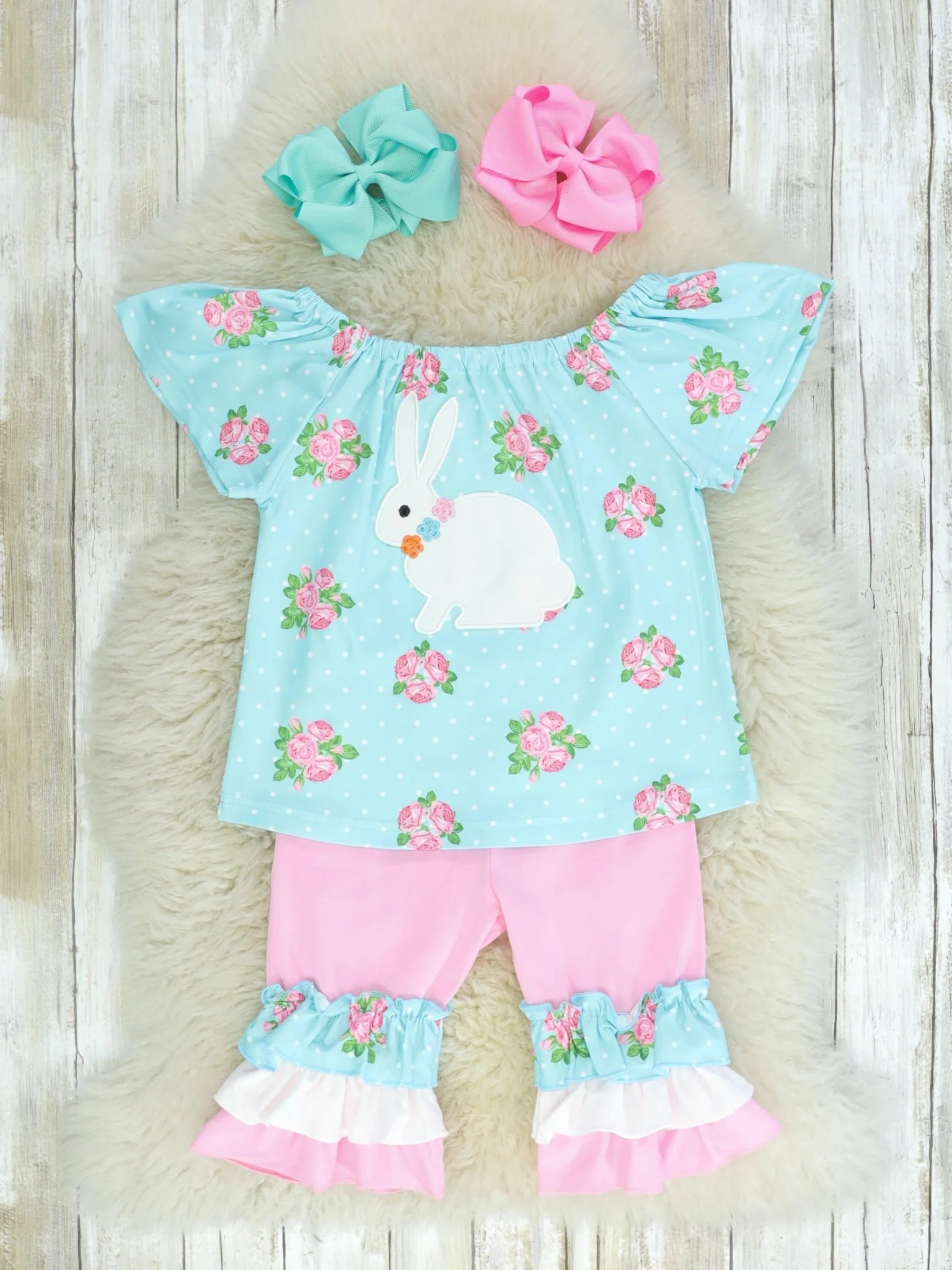 Pink & Blue Polka Dot Bunny Ruffle Outfit