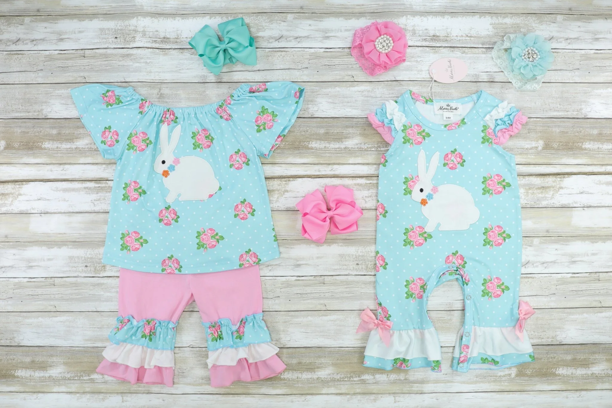 Pink & Blue Polka Dot Bunny Ruffle Outfit - Image 2