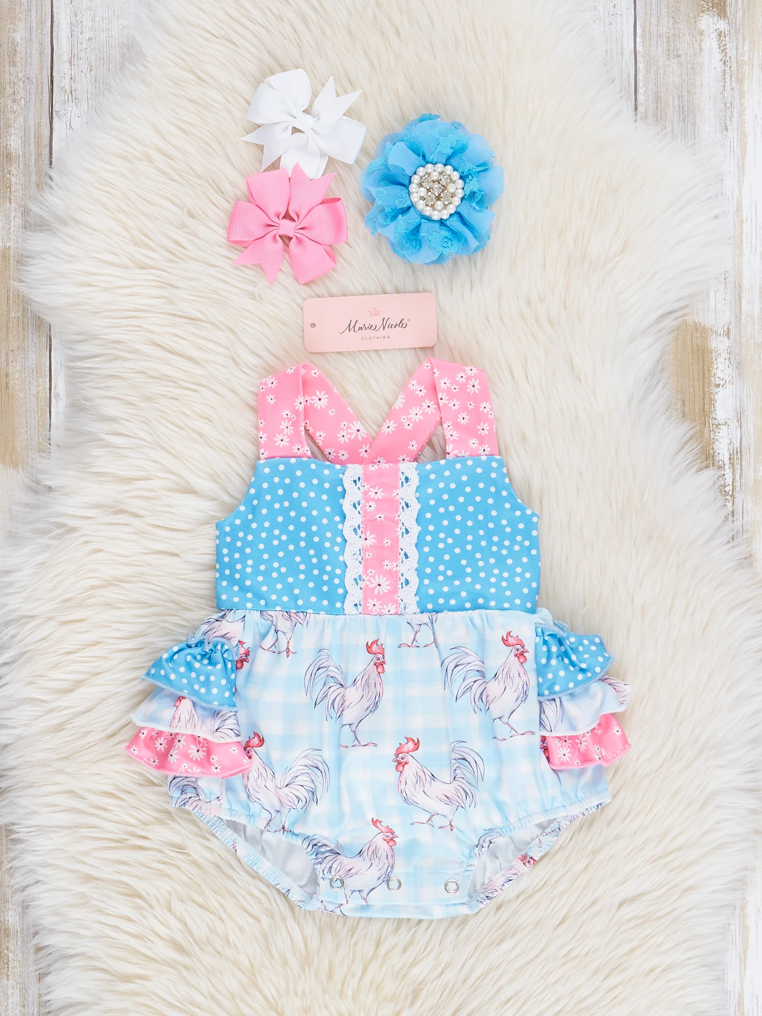Pink & Blue Rooster Ruffle Bubble Romper