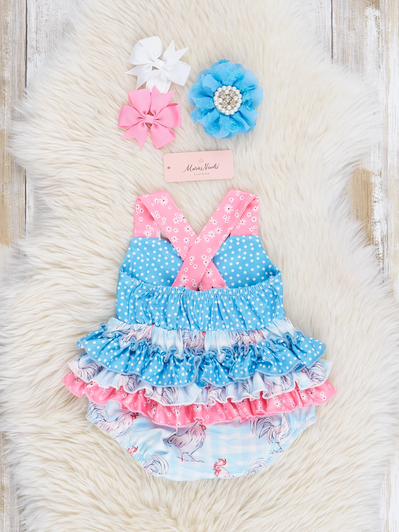 Pink & Blue Rooster Ruffle Bubble Romper - Image 2