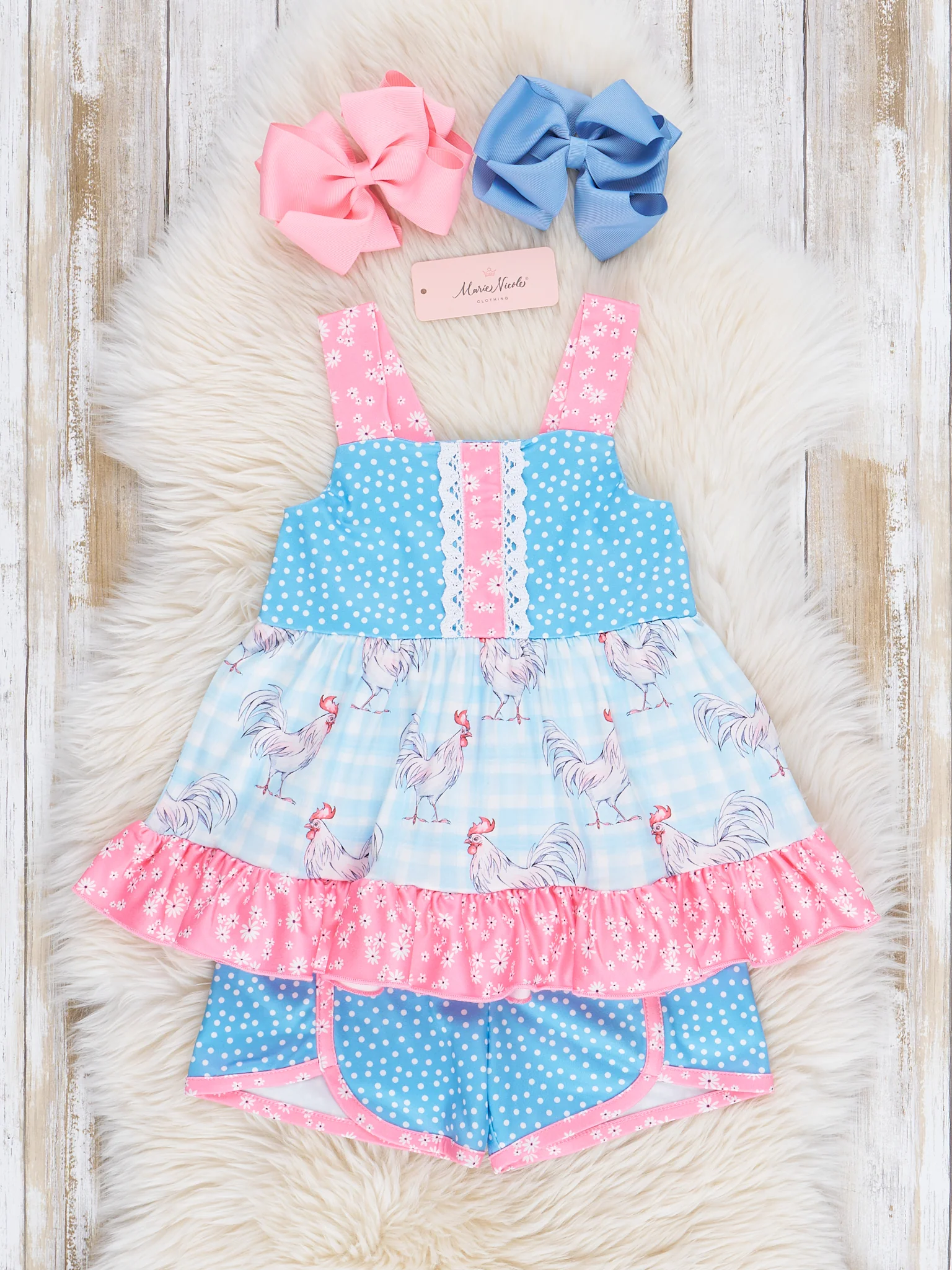 Pink & Blue Rooster Ruffle Outfit