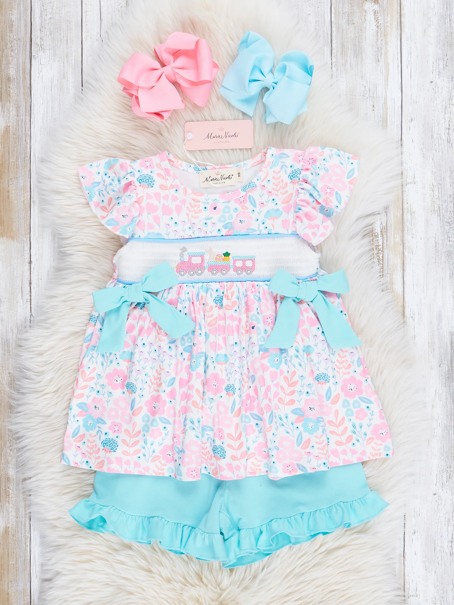 Pink & Blue Smocked Easter Train Bloomers Outfit