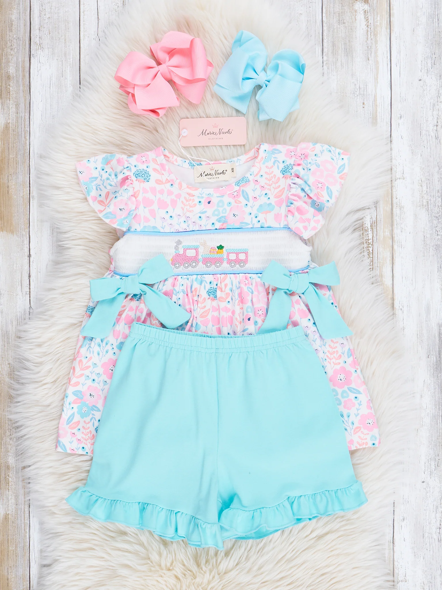 Pink & Blue Smocked Easter Train Bloomers Outfit - Image 2
