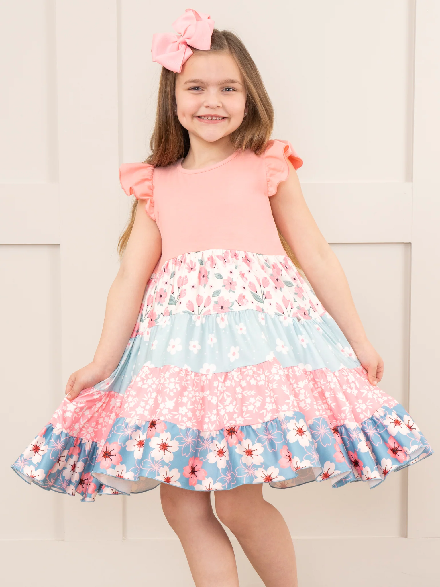 Pink & Blue Tropical Blooms Ruffle Dress