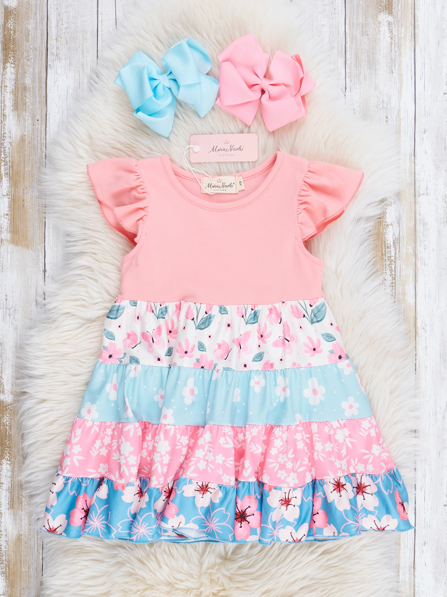 Pink & Blue Tropical Blooms Ruffle Dress - Image 2