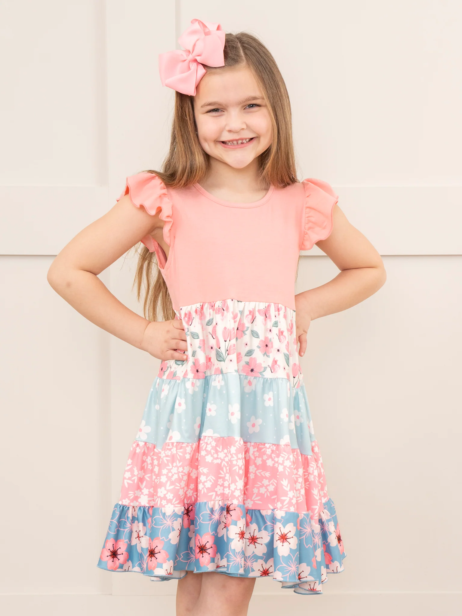 Pink & Blue Tropical Blooms Ruffle Dress - Image 4