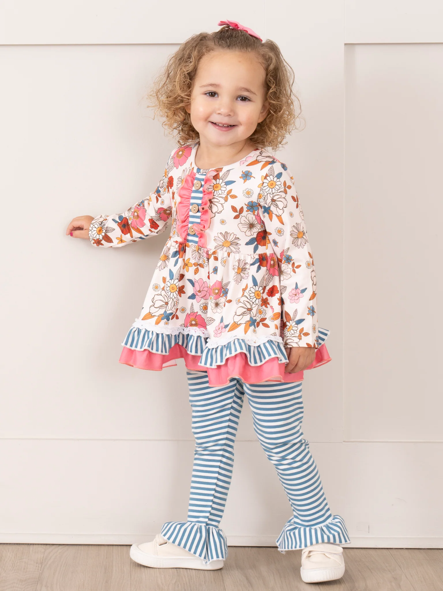Pink & Blue Vintage Florals & Stripes Ruffle Outfit