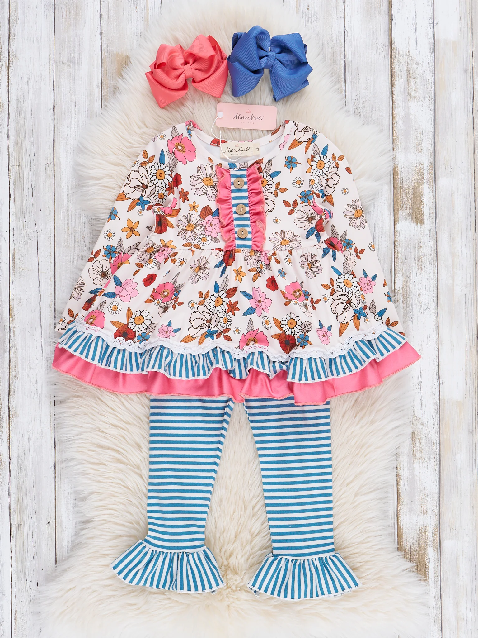 Pink & Blue Vintage Florals & Stripes Ruffle Outfit - Image 2