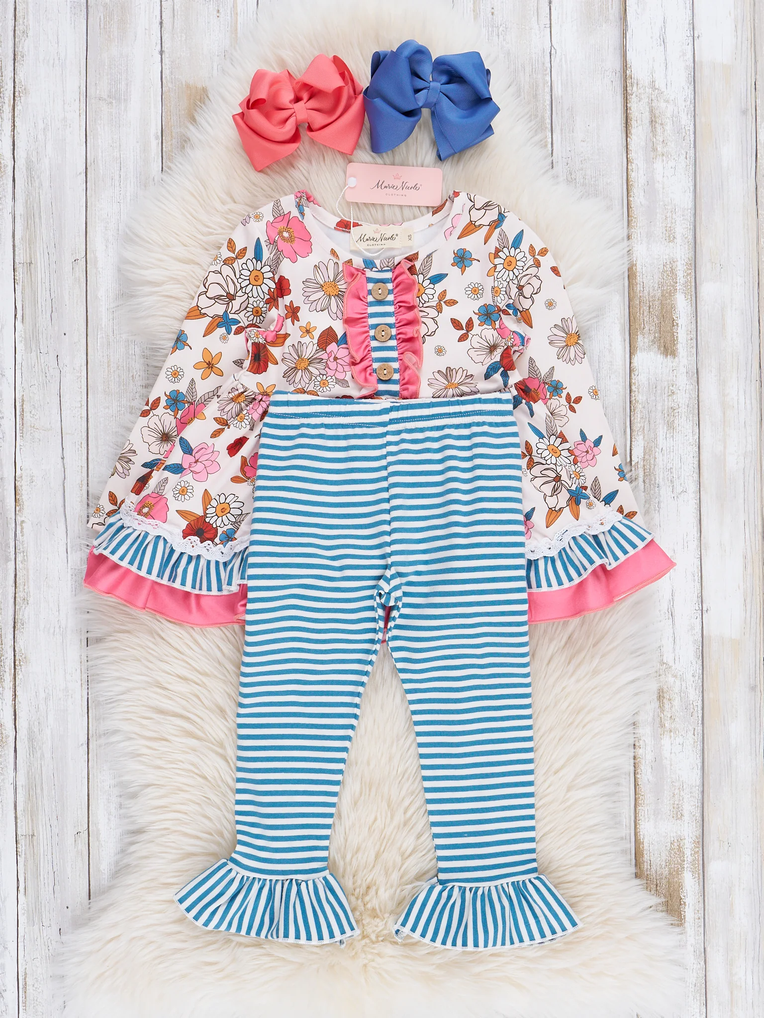 Pink & Blue Vintage Florals & Stripes Ruffle Outfit - Image 3