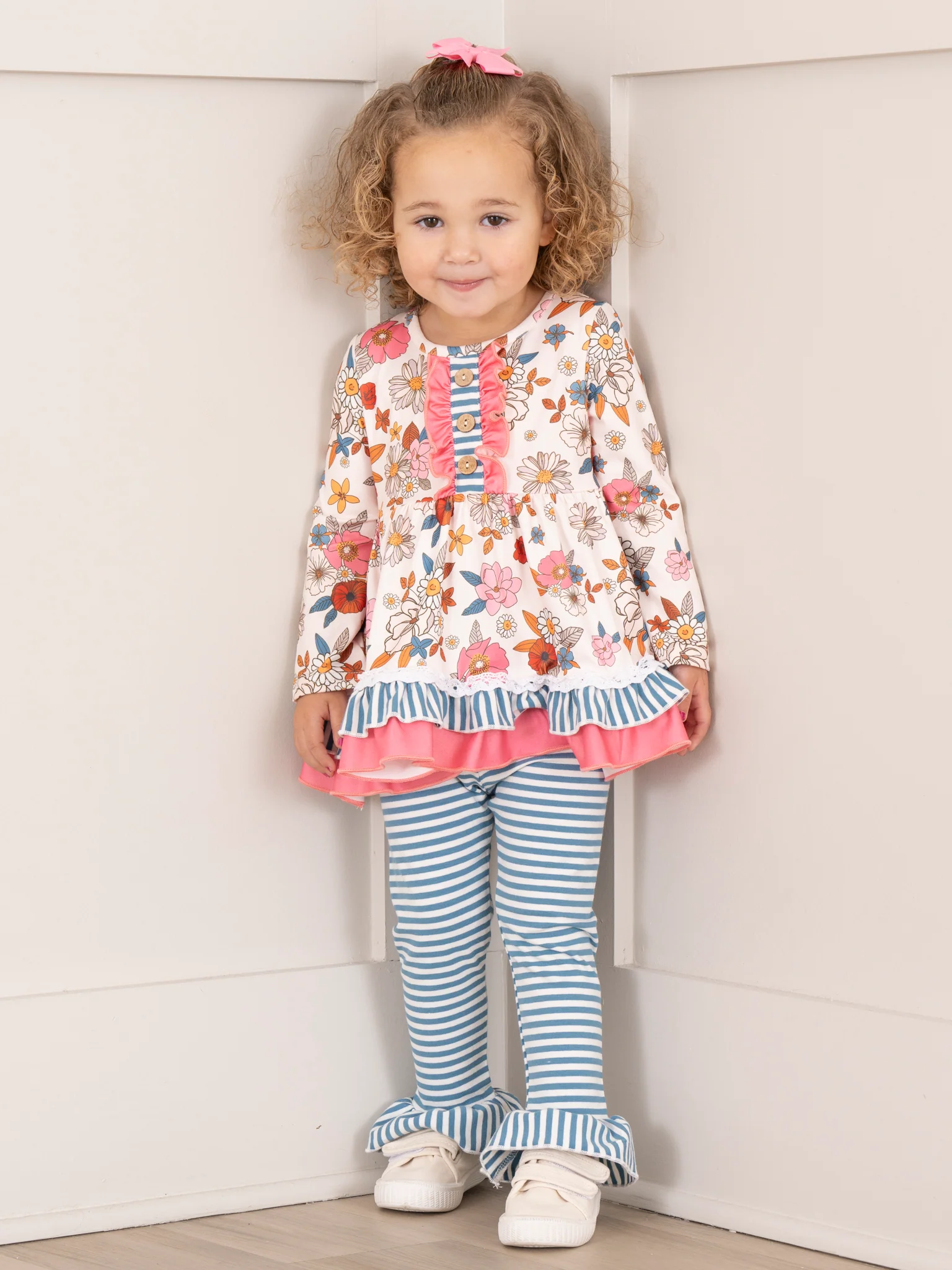 Pink & Blue Vintage Florals & Stripes Ruffle Outfit - Image 4