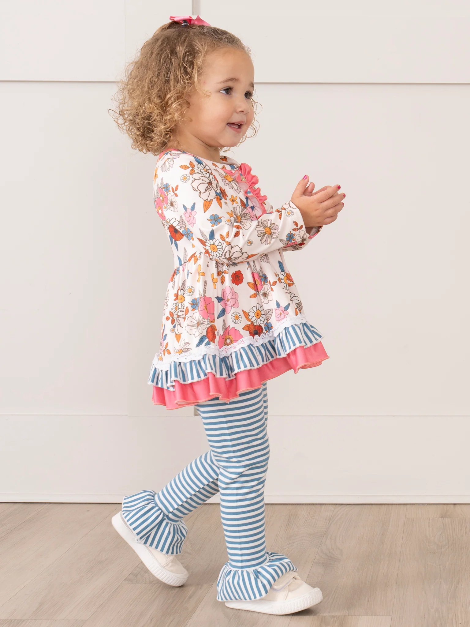 Pink & Blue Vintage Florals & Stripes Ruffle Outfit - Image 5