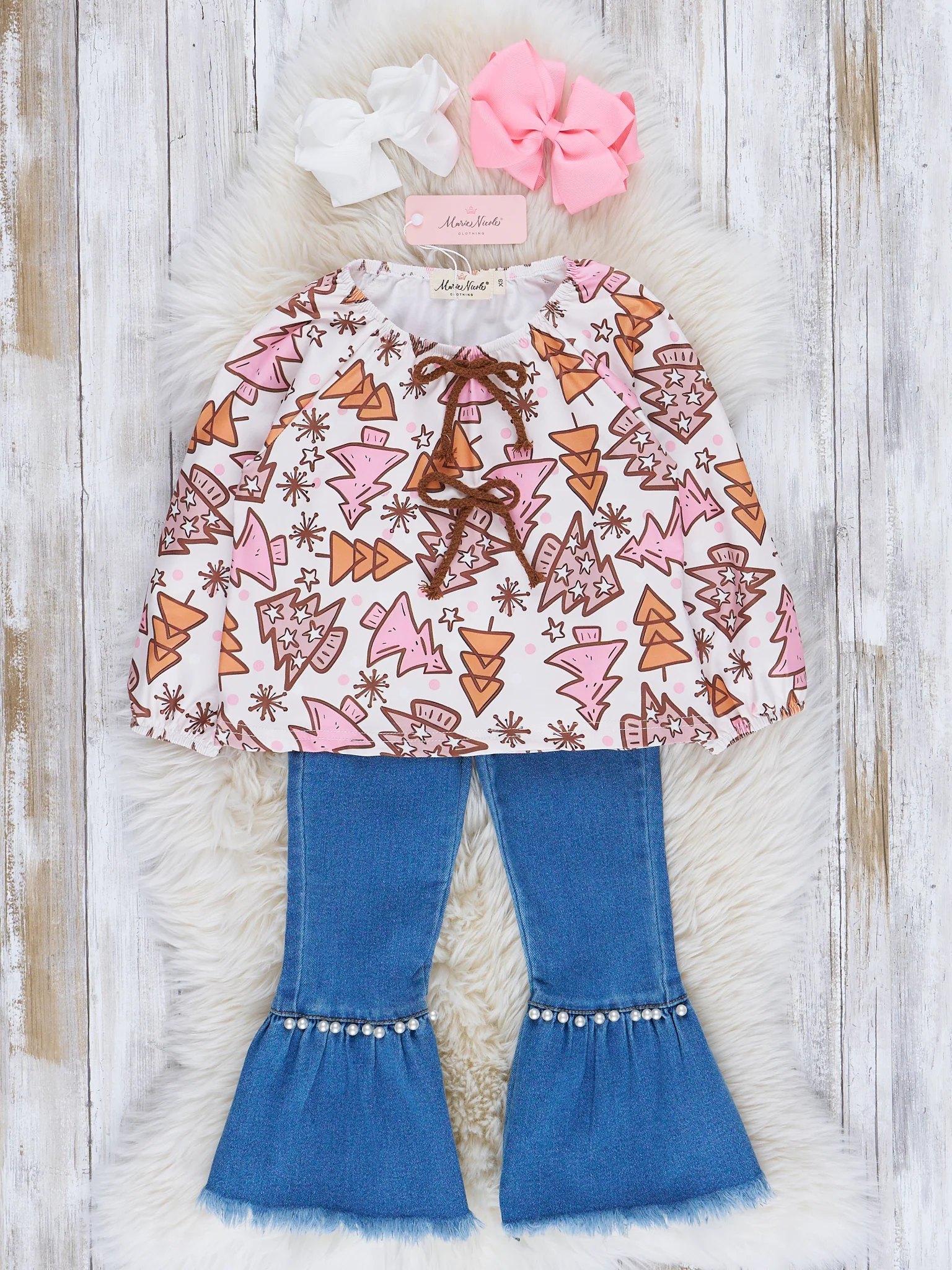 Pink & Brown Christmas Tree Doodles Bell Bottom Outfit