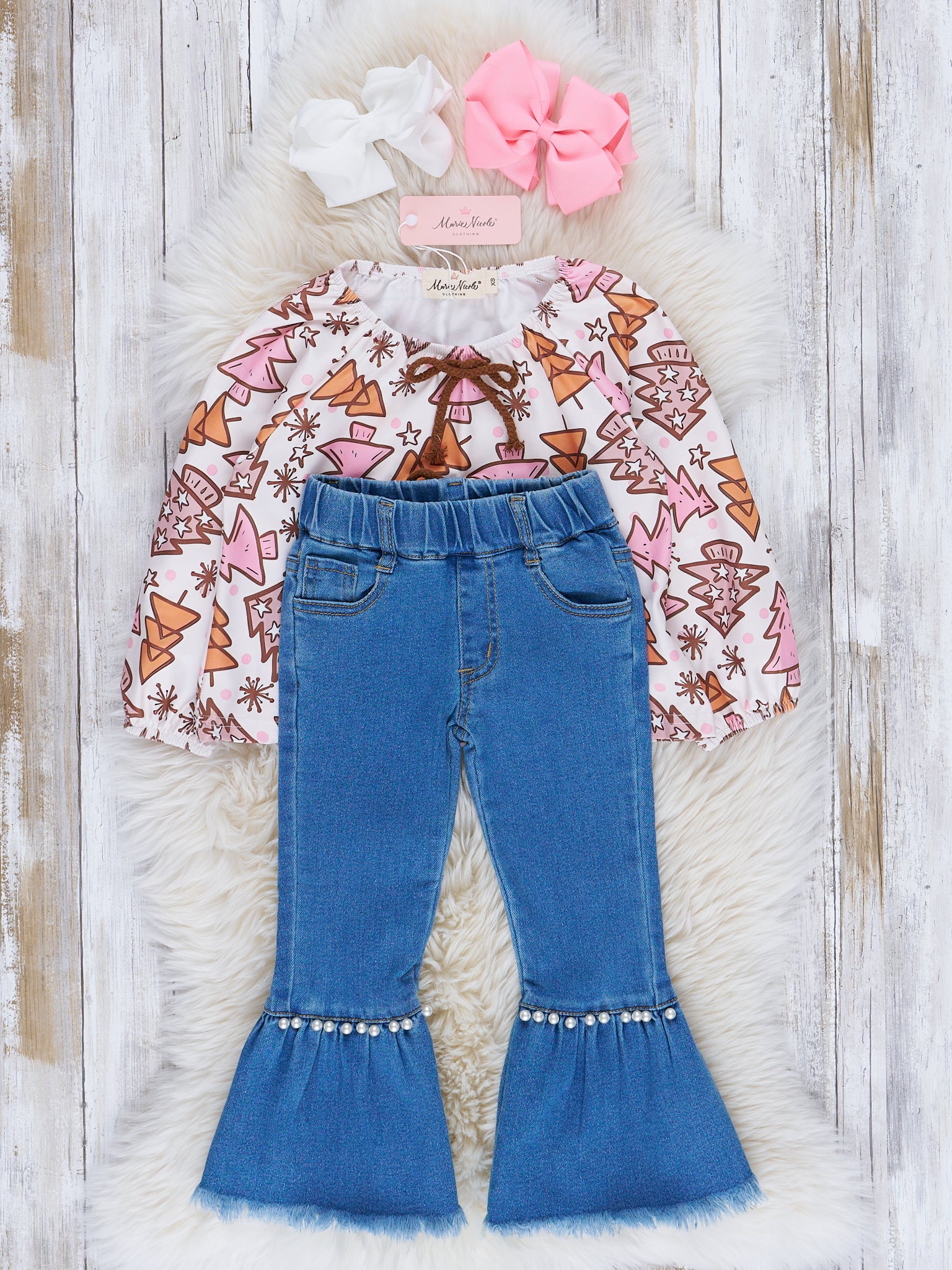 Pink & Brown Christmas Tree Doodles Bell Bottom Outfit - Image 2