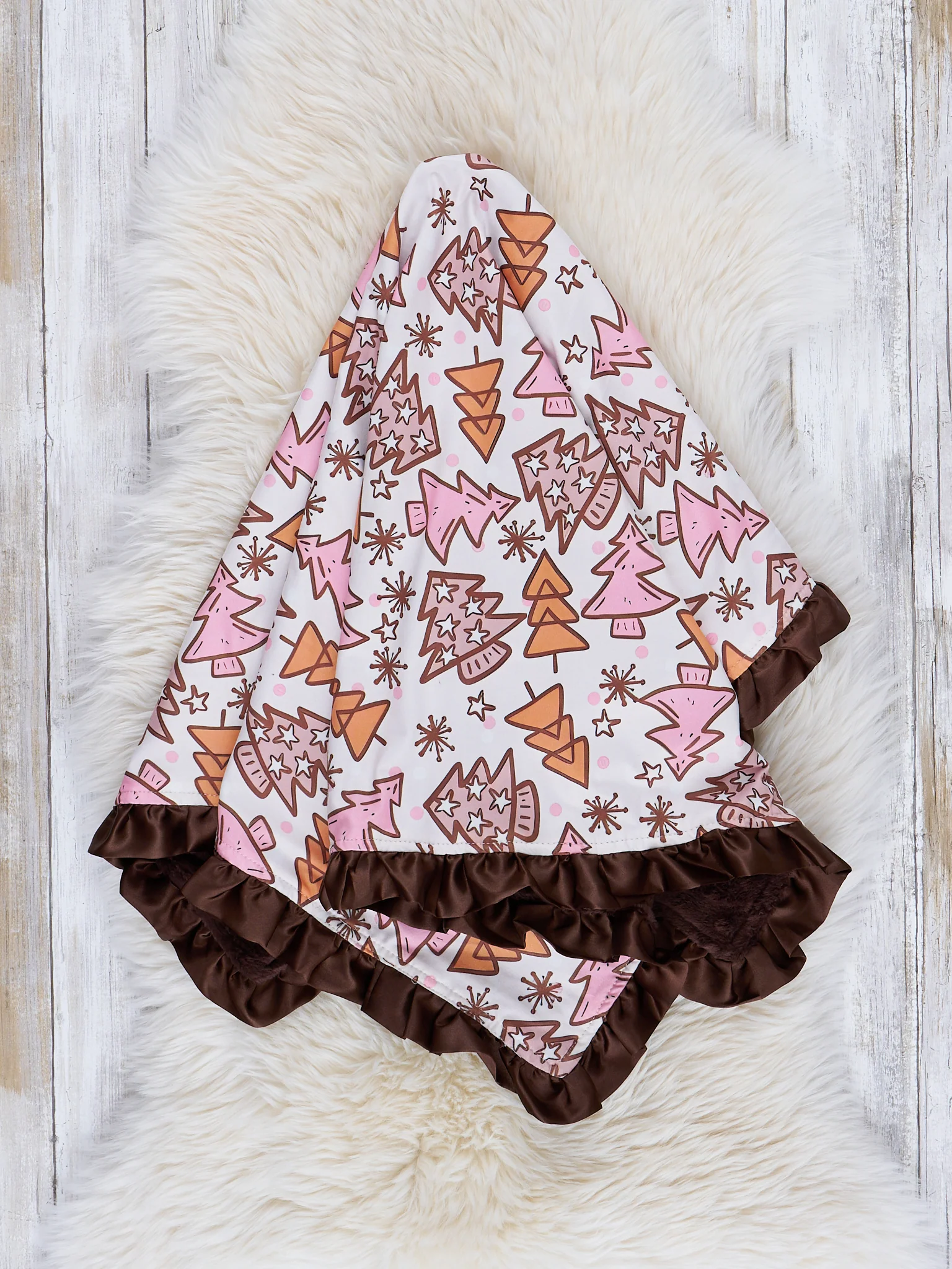 Pink & Brown Christmas Tree Doodles Ruffle Minky Blanket