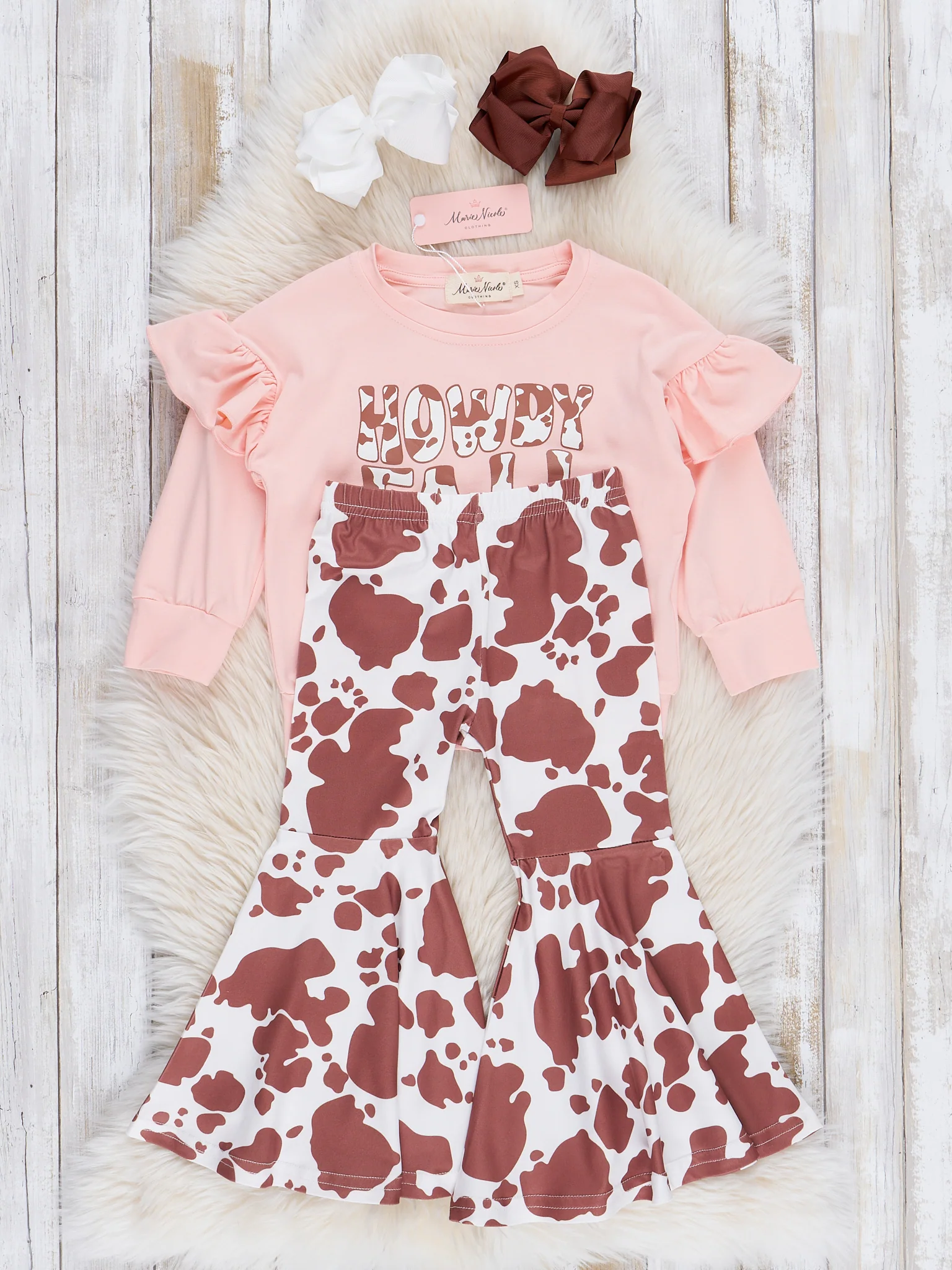 Pink & Brown "Howdy Fall" Cow Print Bell Bottoms Outfit - Image 2