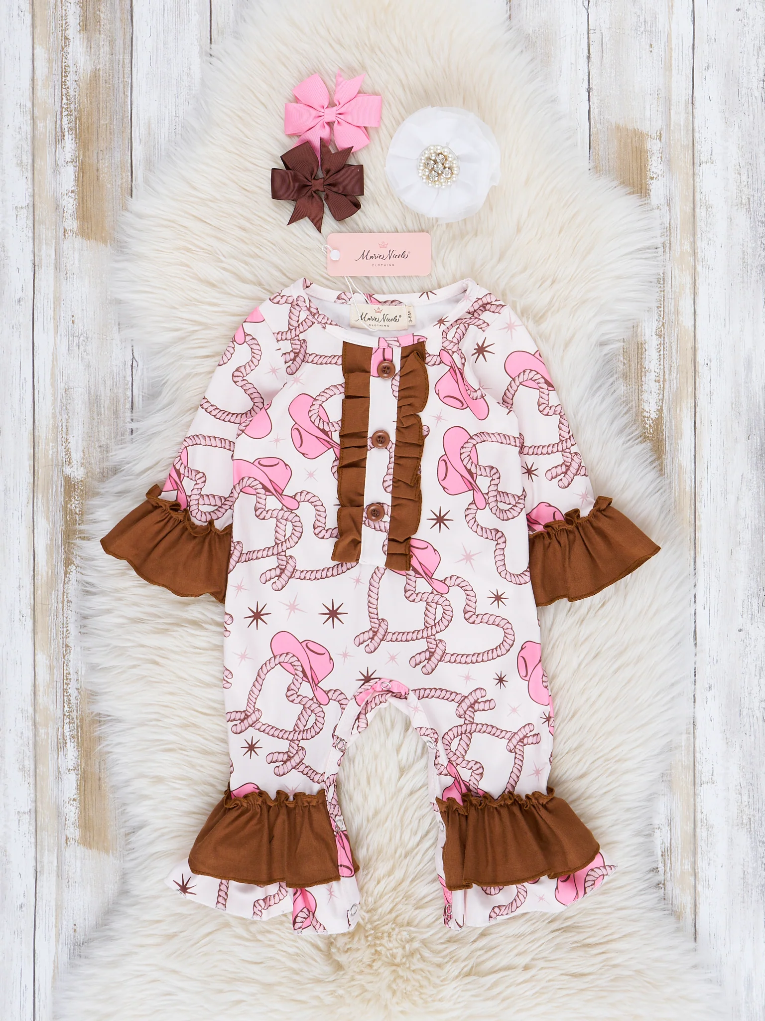 Pink & Brown Rope Hearts Ruffle Romper