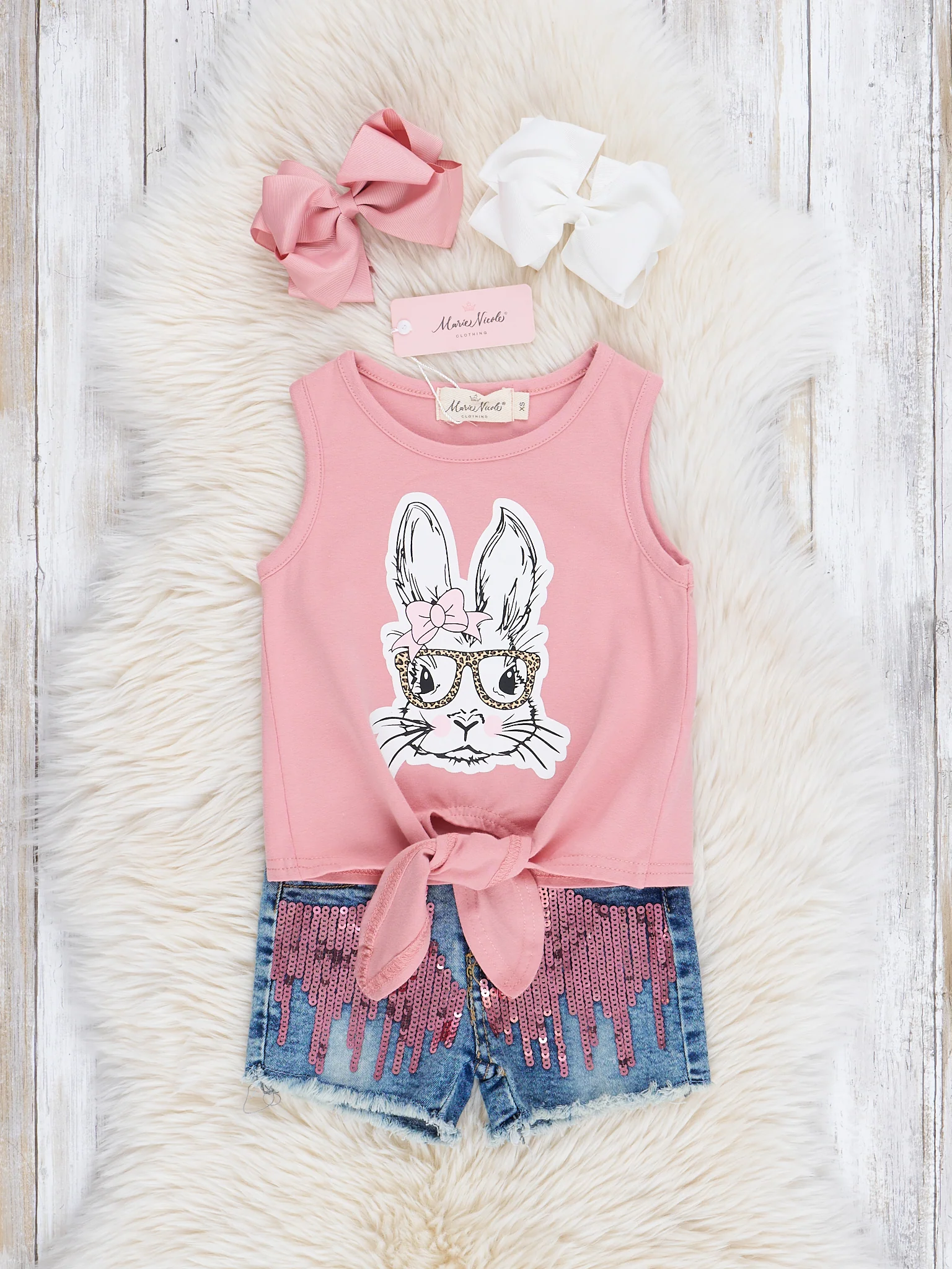 Pink Bunny Tie Tank & Sequin Denim Shorts Outfit - Image 2