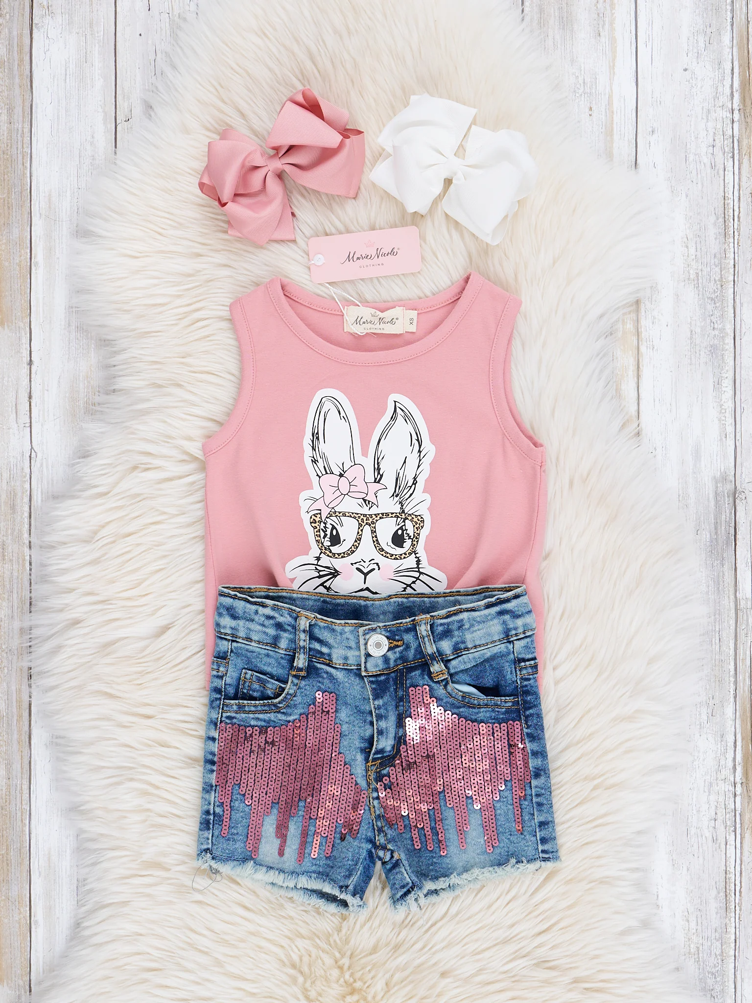 Pink Bunny Tie Tank & Sequin Denim Shorts Outfit - Image 3