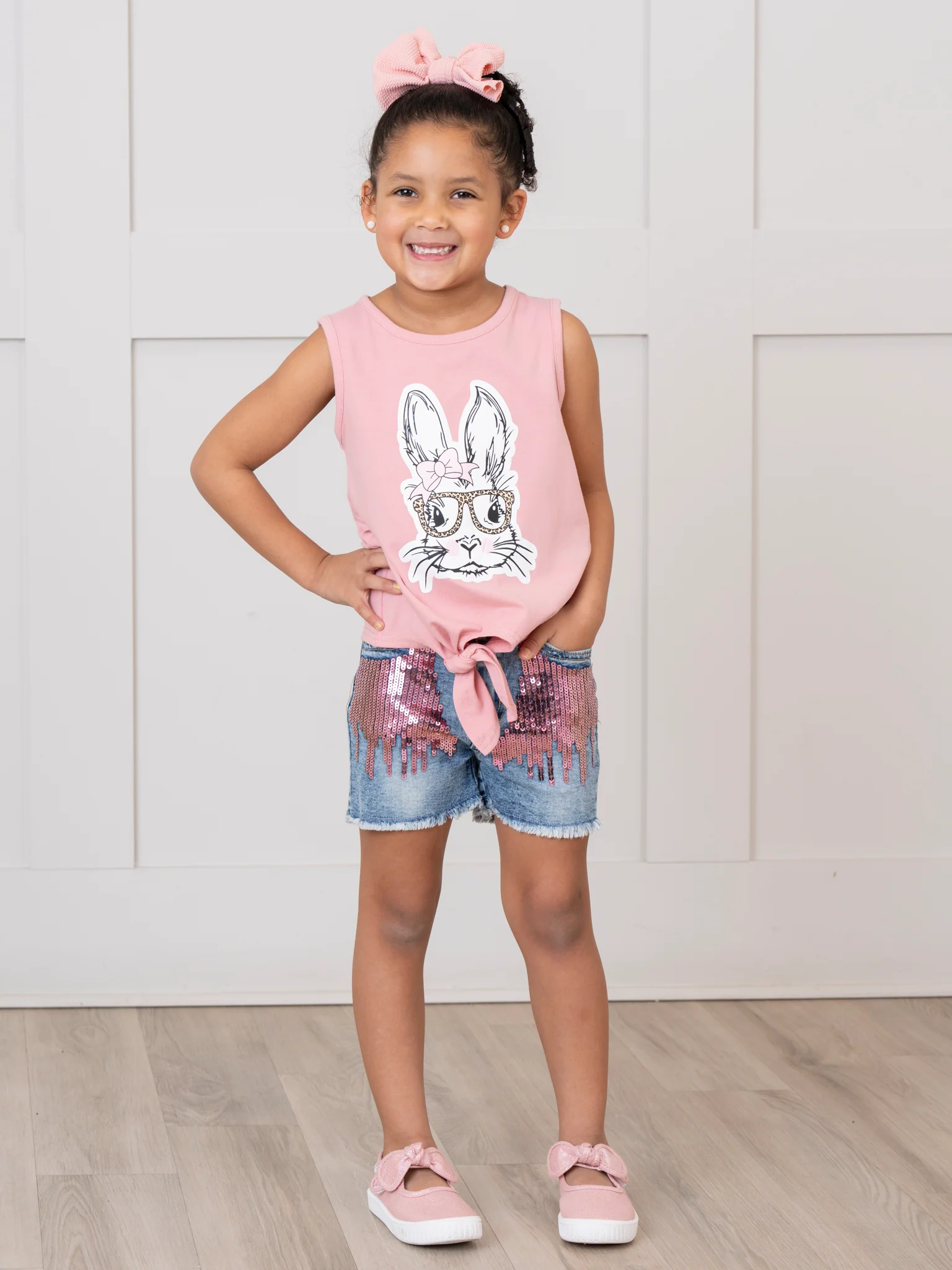 Pink Bunny Tie Tank & Sequin Denim Shorts Outfit - Image 4