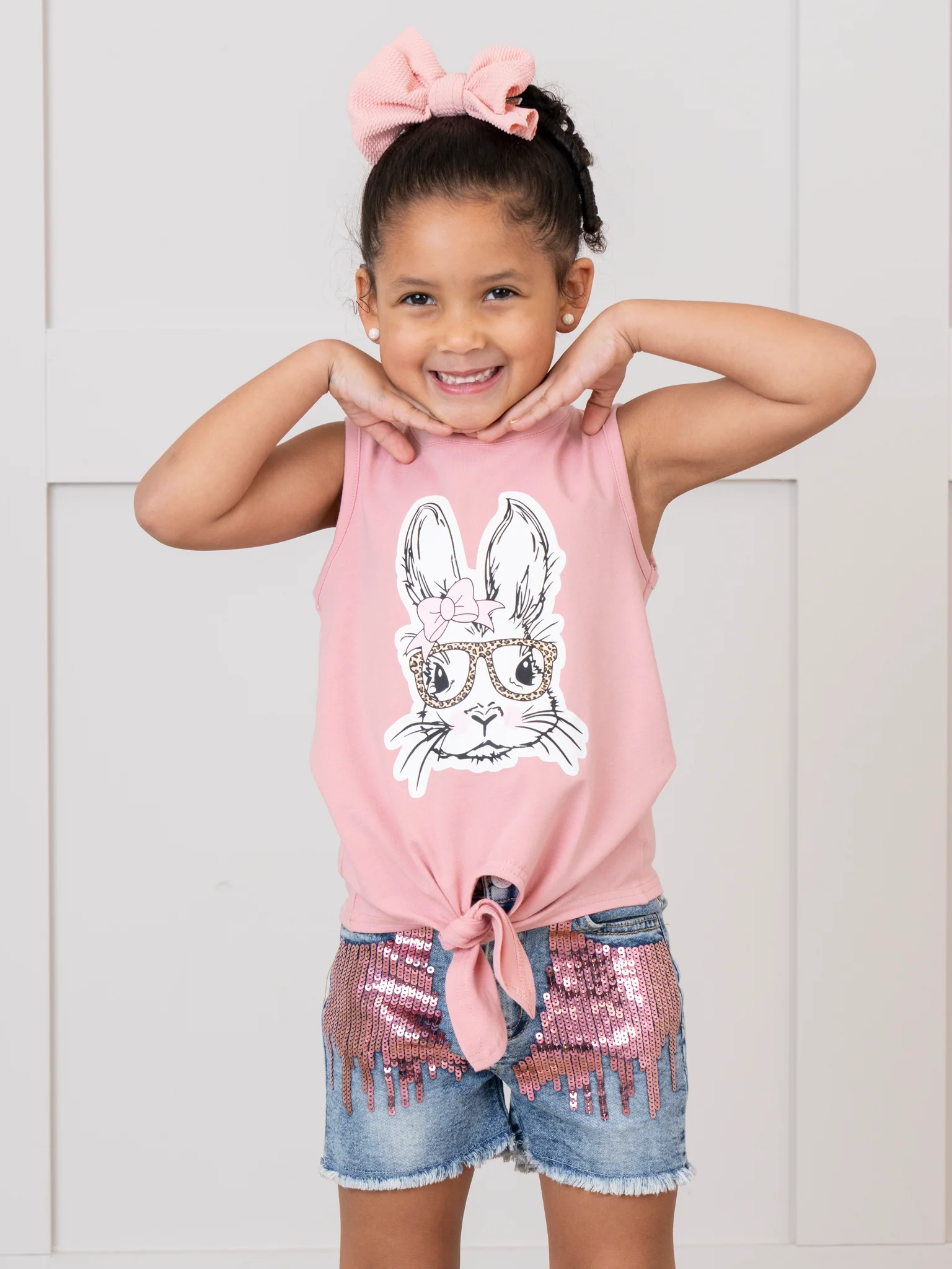 Pink Bunny Tie Tank & Sequin Denim Shorts Outfit - Image 5