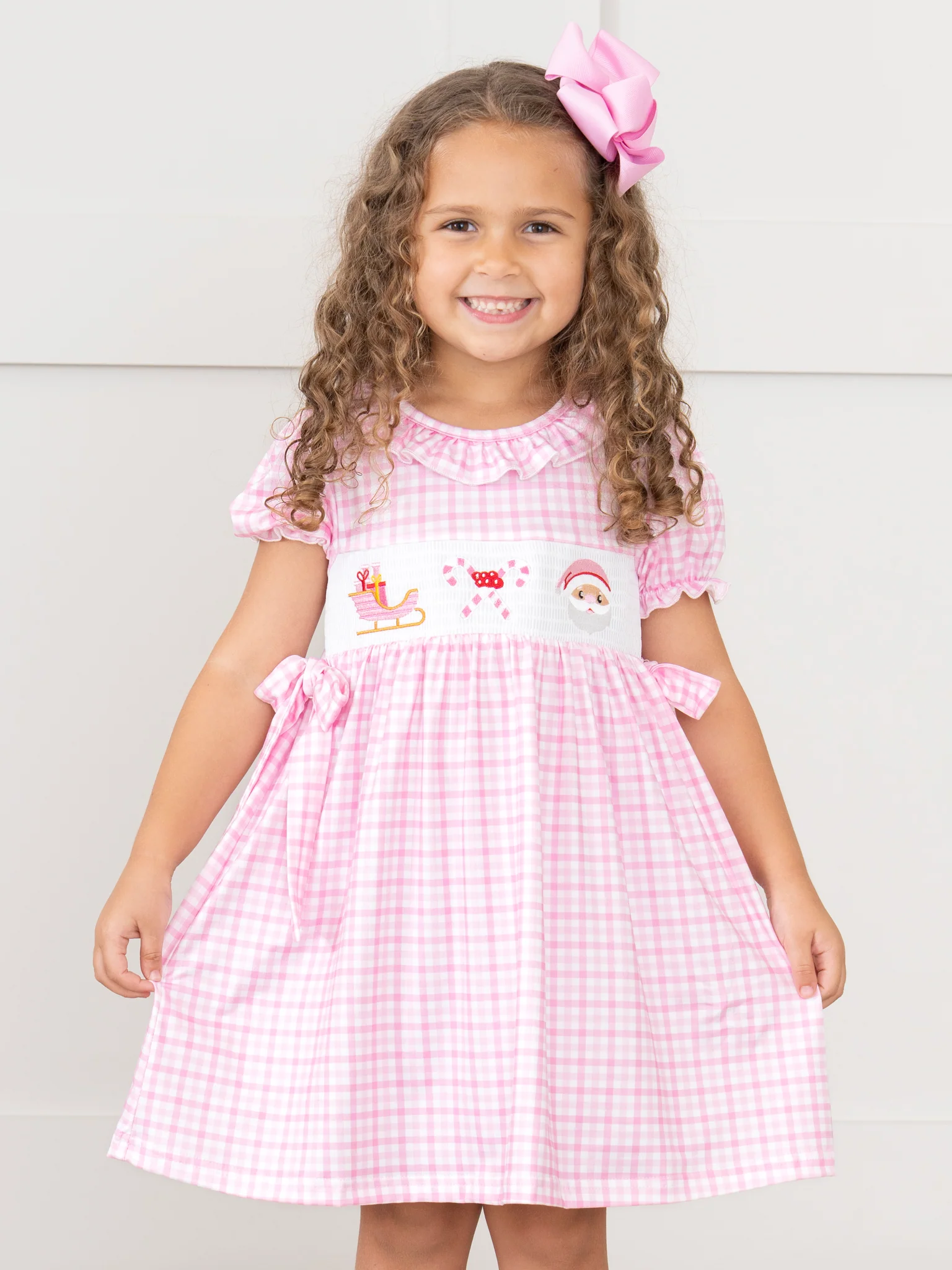 Pink Christmas Eve Smocked Plaid Bow Dress