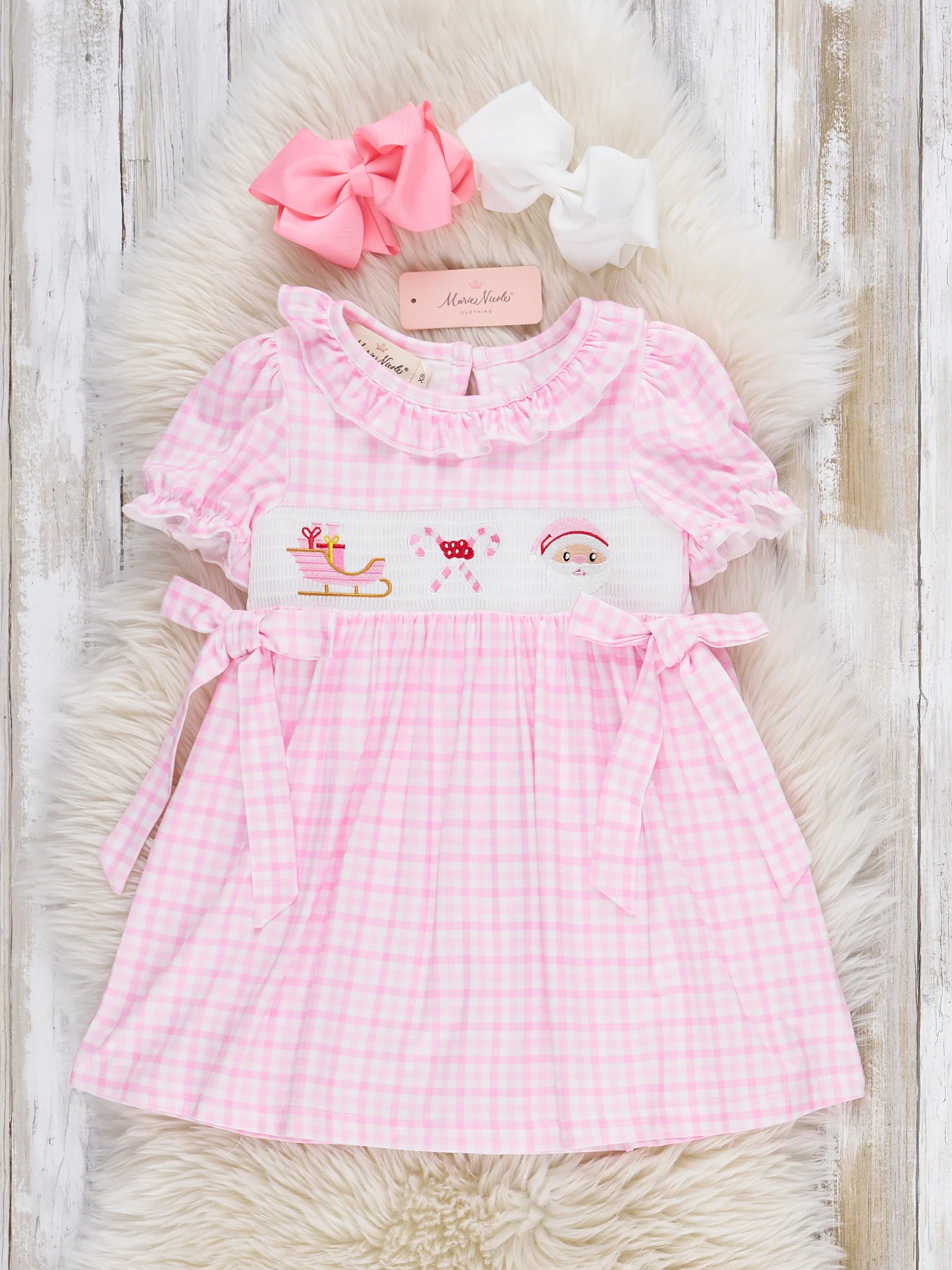 Pink Christmas Eve Smocked Plaid Bow Dress - Image 2