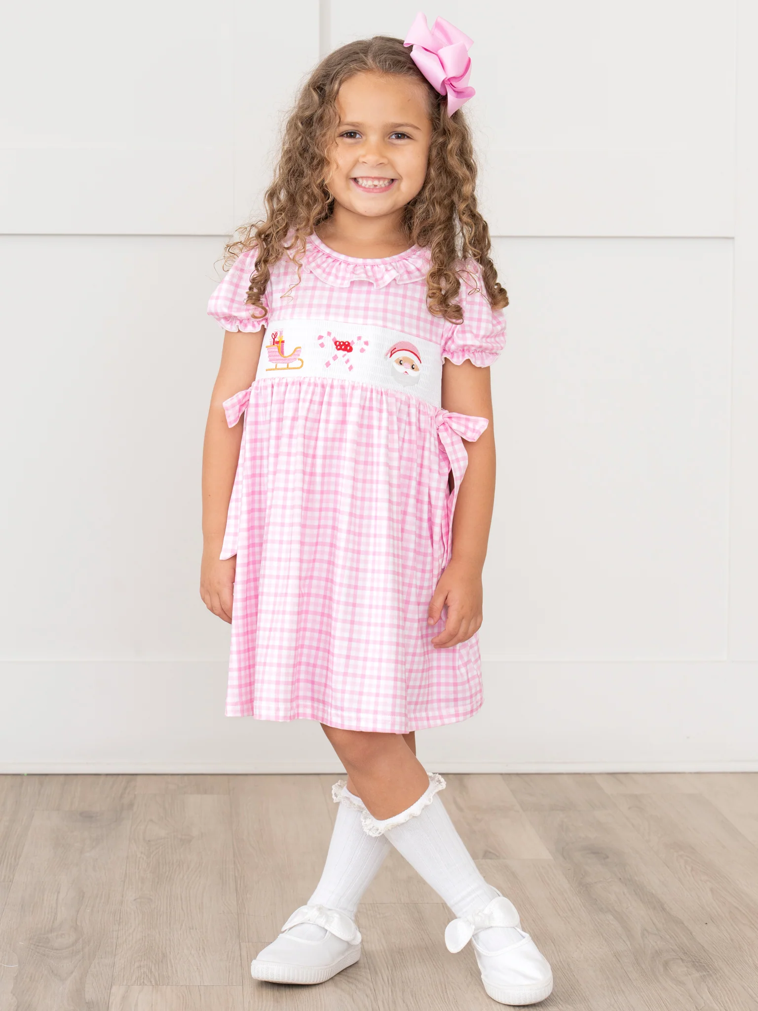Pink Christmas Eve Smocked Plaid Bow Dress - Image 3