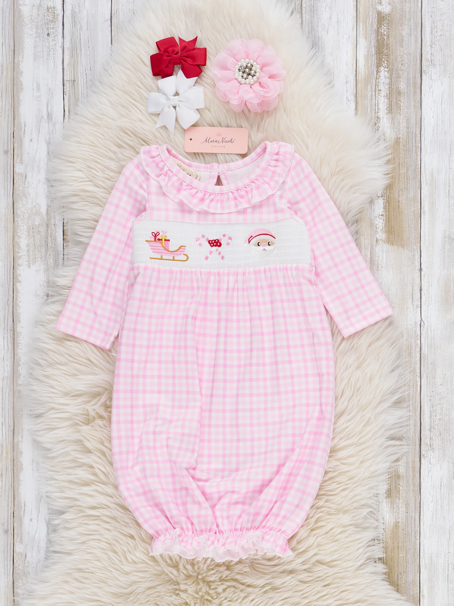 Pink Christmas Eve Smocked Plaid Gown