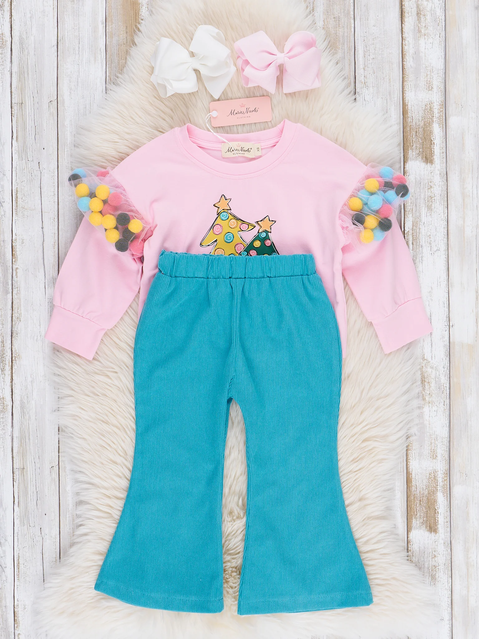 Pink Christmas Pom Poms Flare Pants Outfit - Image 2