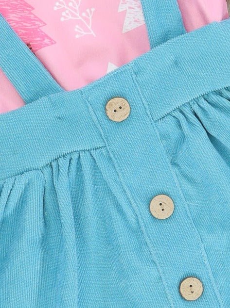 Pink Christmas Tree Ruffle Top & Blue Suspender Skirt Set - Image 4