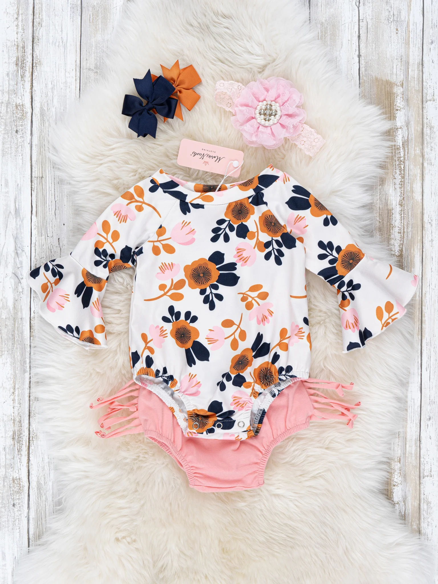 Pink & Cinnamon Floral Fringe Romper Outfit