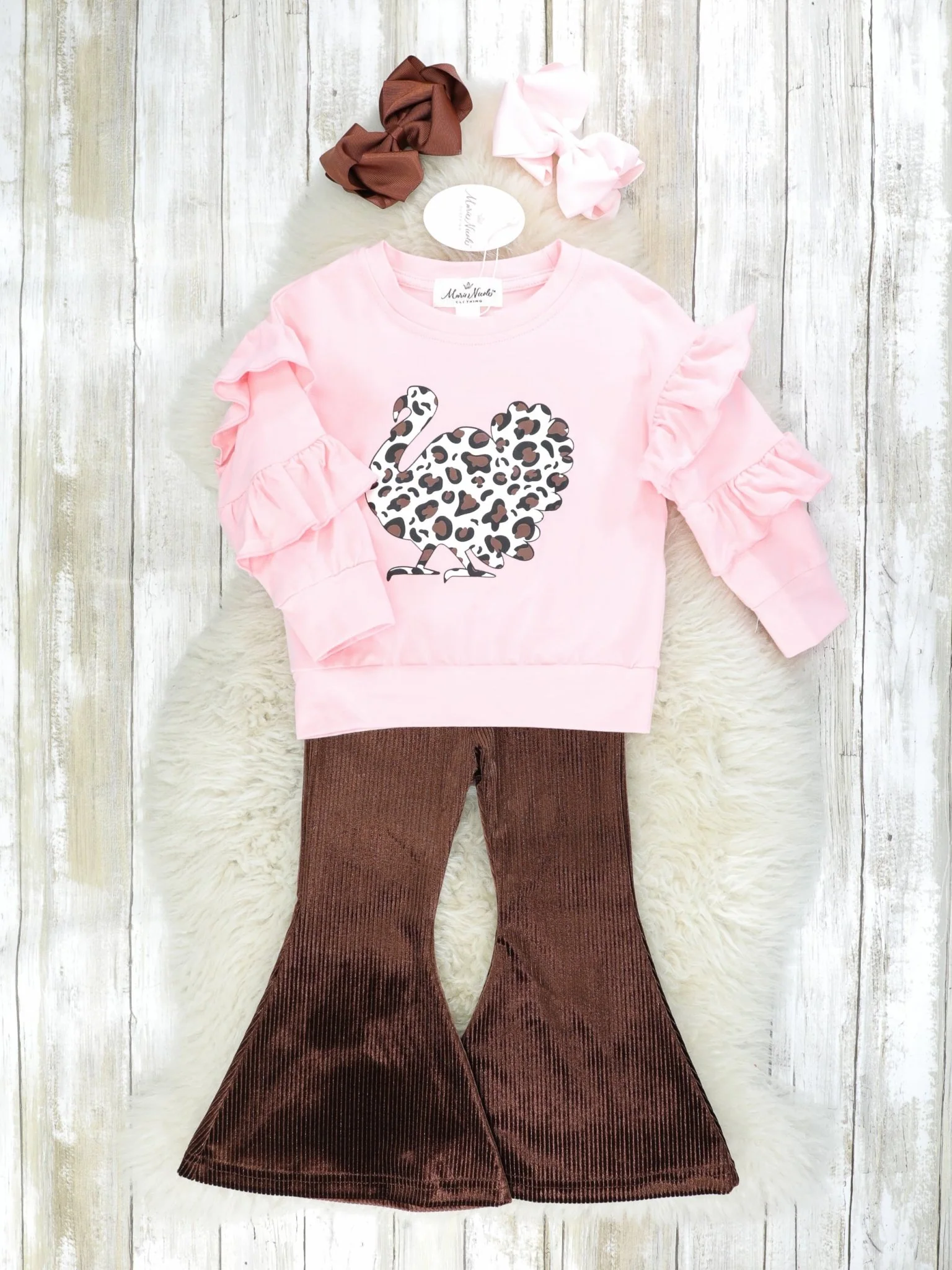 Pink Cow Print Turkey Ruffle Top & Bell Bottoms