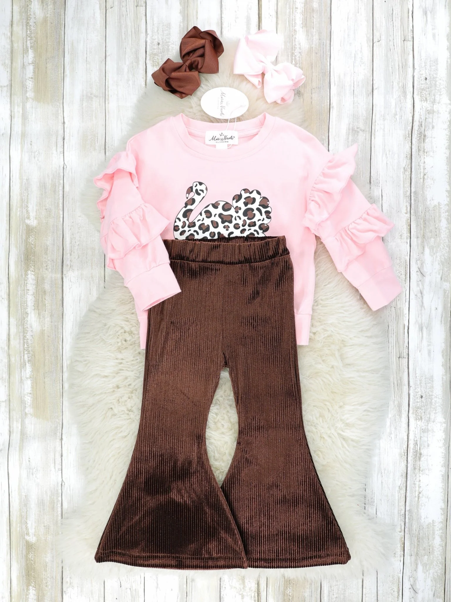 Pink Cow Print Turkey Ruffle Top & Bell Bottoms - Image 2