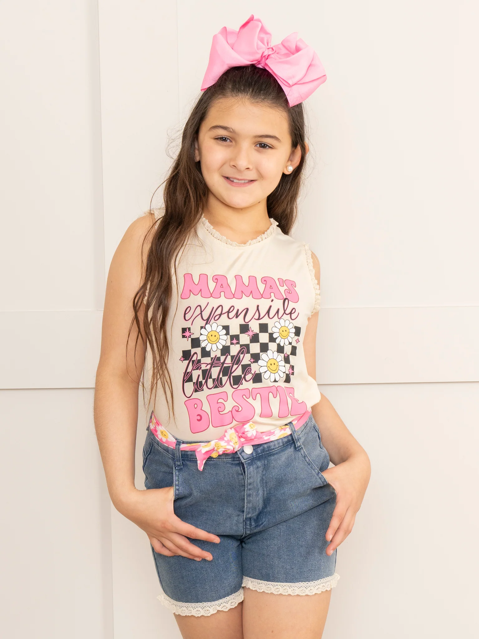 Pink Daisies "Mama's Bestie" Denim Shorts Outfit - Image 2