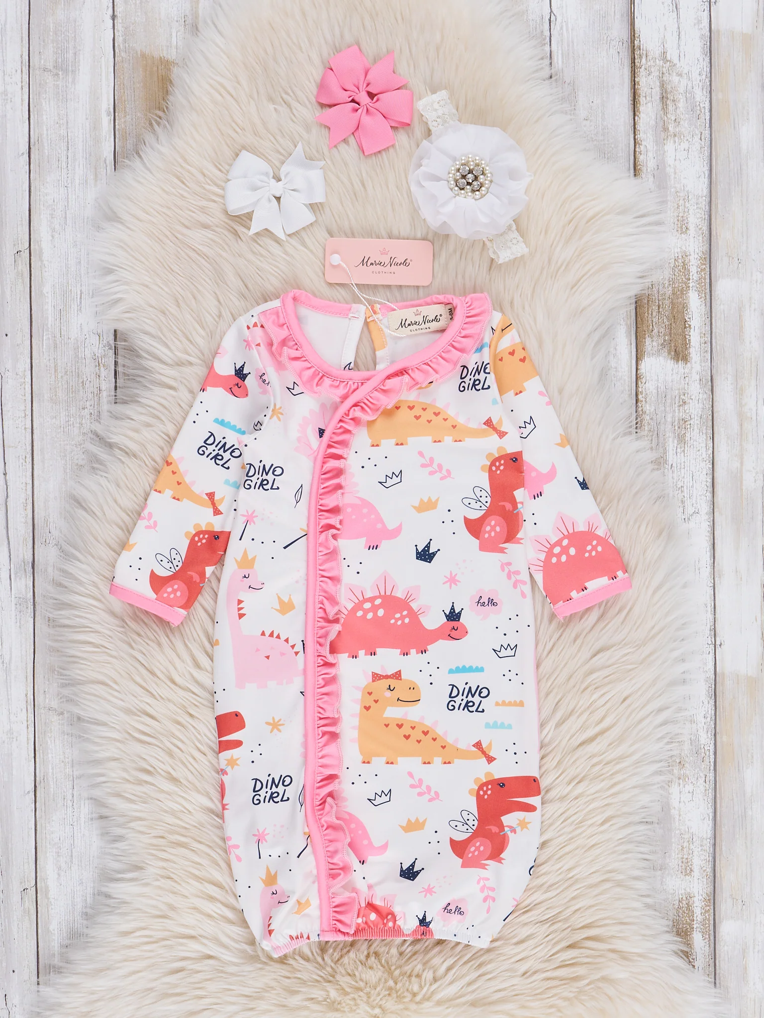 Pink Dino Girl Ruffle  Sleep Gown