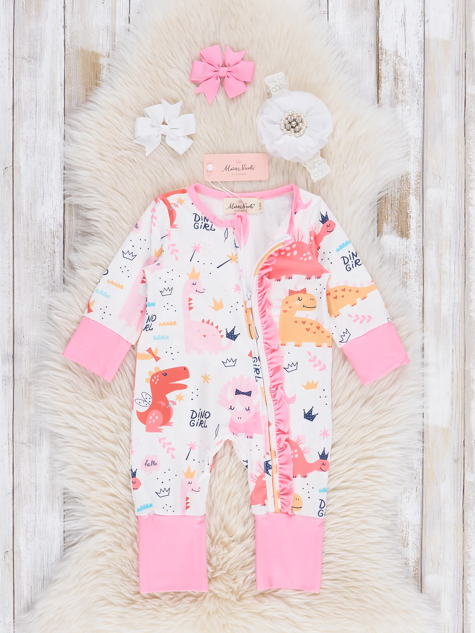 Pink Dino Girl Ruffle Sleeper Pajamas - Image 2