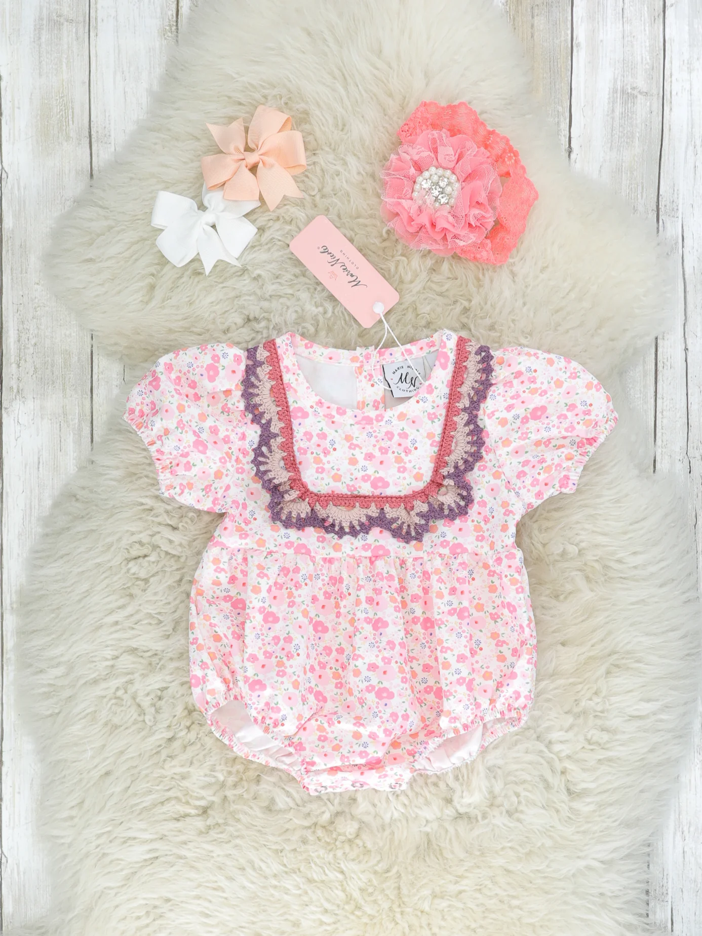 Pink Ditsy Floral Crochet Bubble Romper