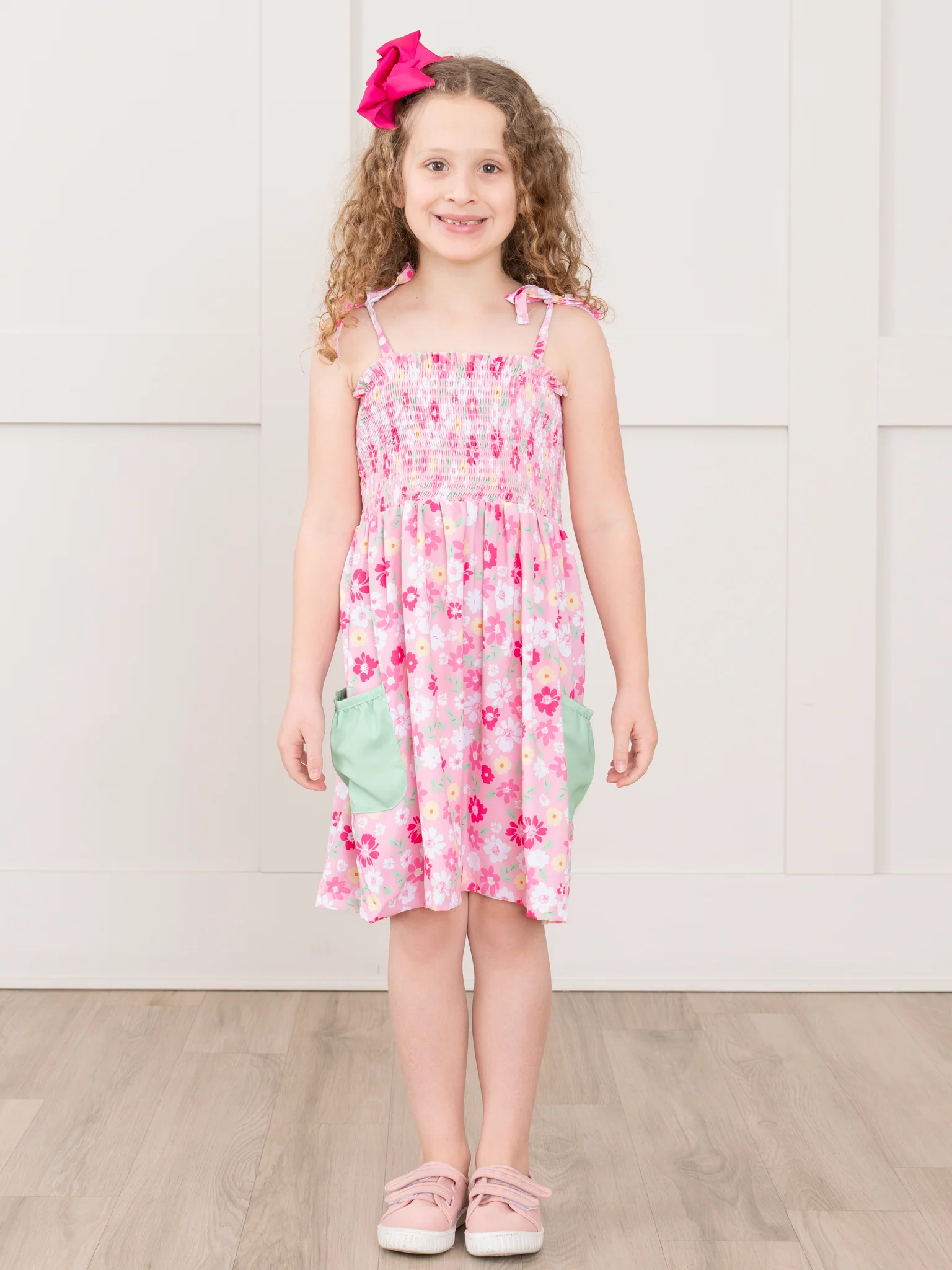 Pink Ditsy Garden Smocked Tie Dress - Image 3