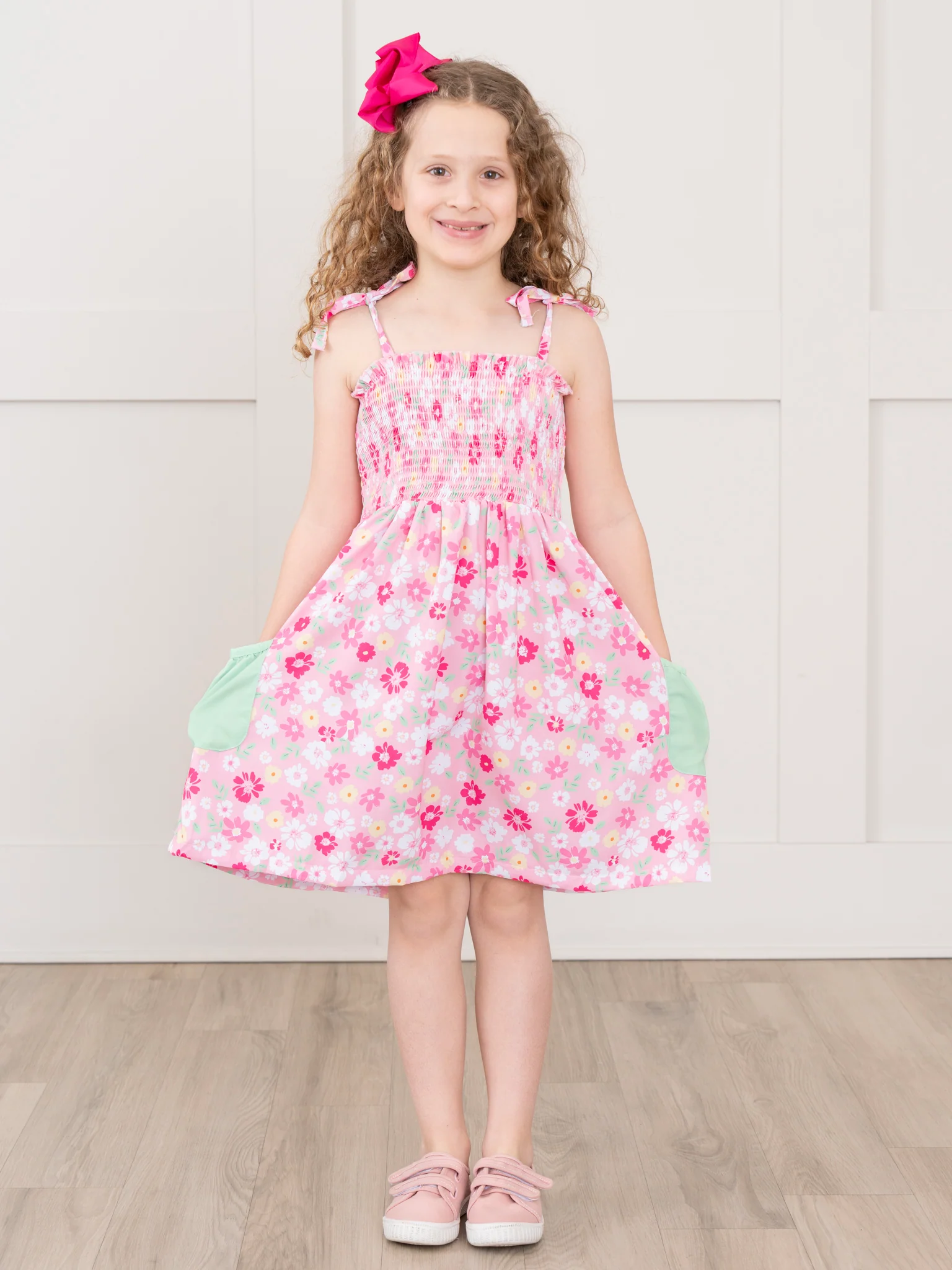 Pink Ditsy Garden Smocked Tie Dress - Image 4