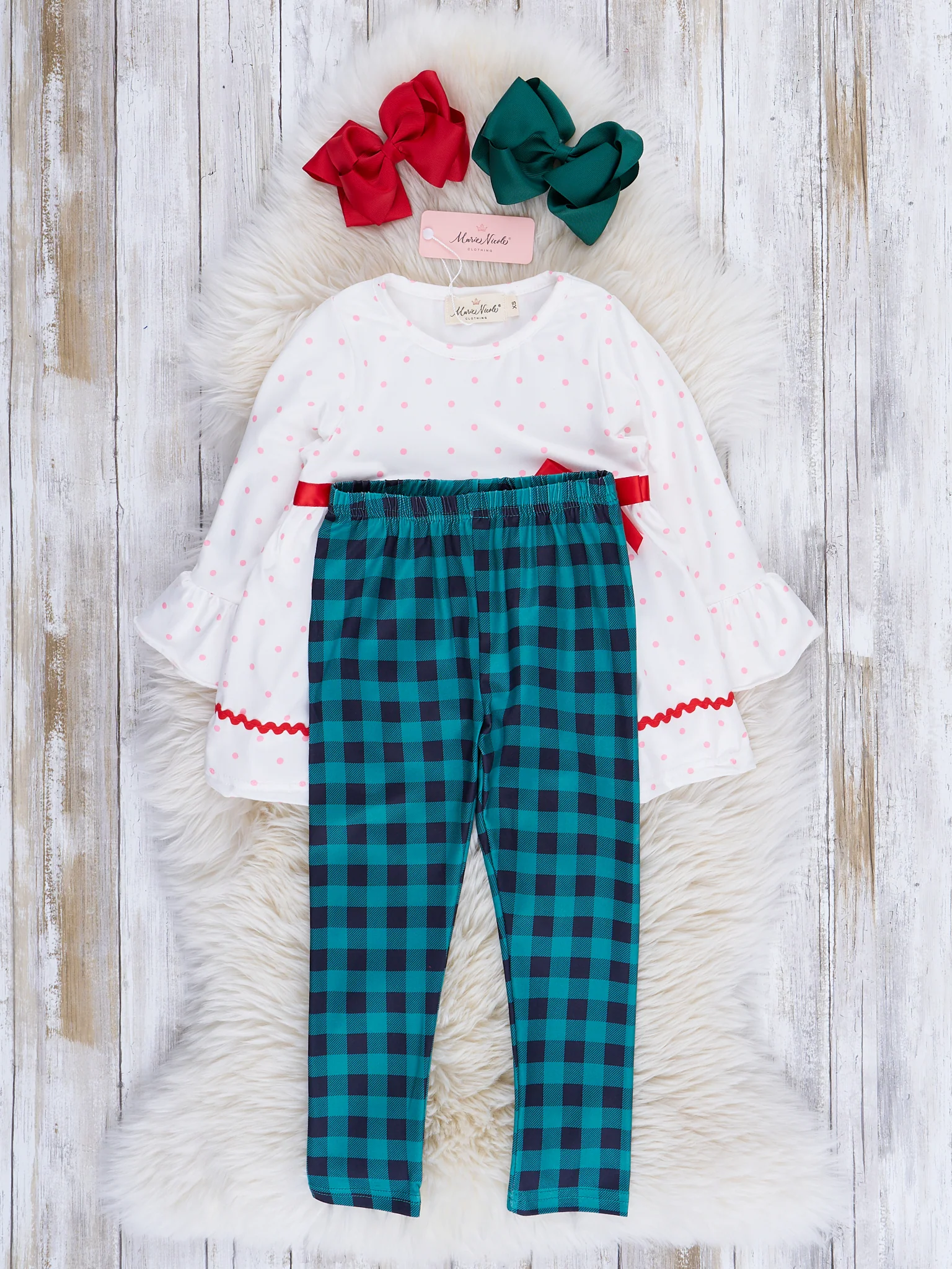 Pink Dots & Hunter Green Christmas Trees Outfit - Image 2