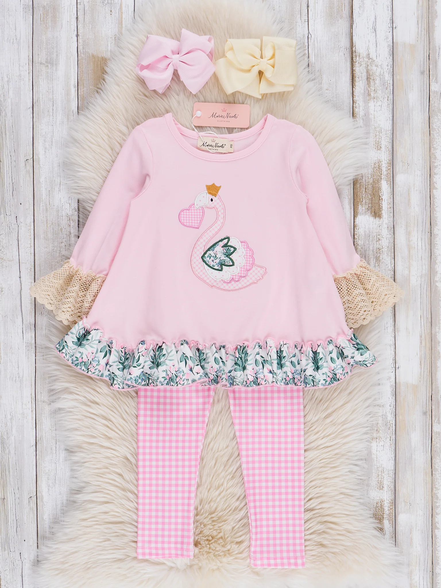 Pink Embroidered Heart Swan Ruffle Outfit