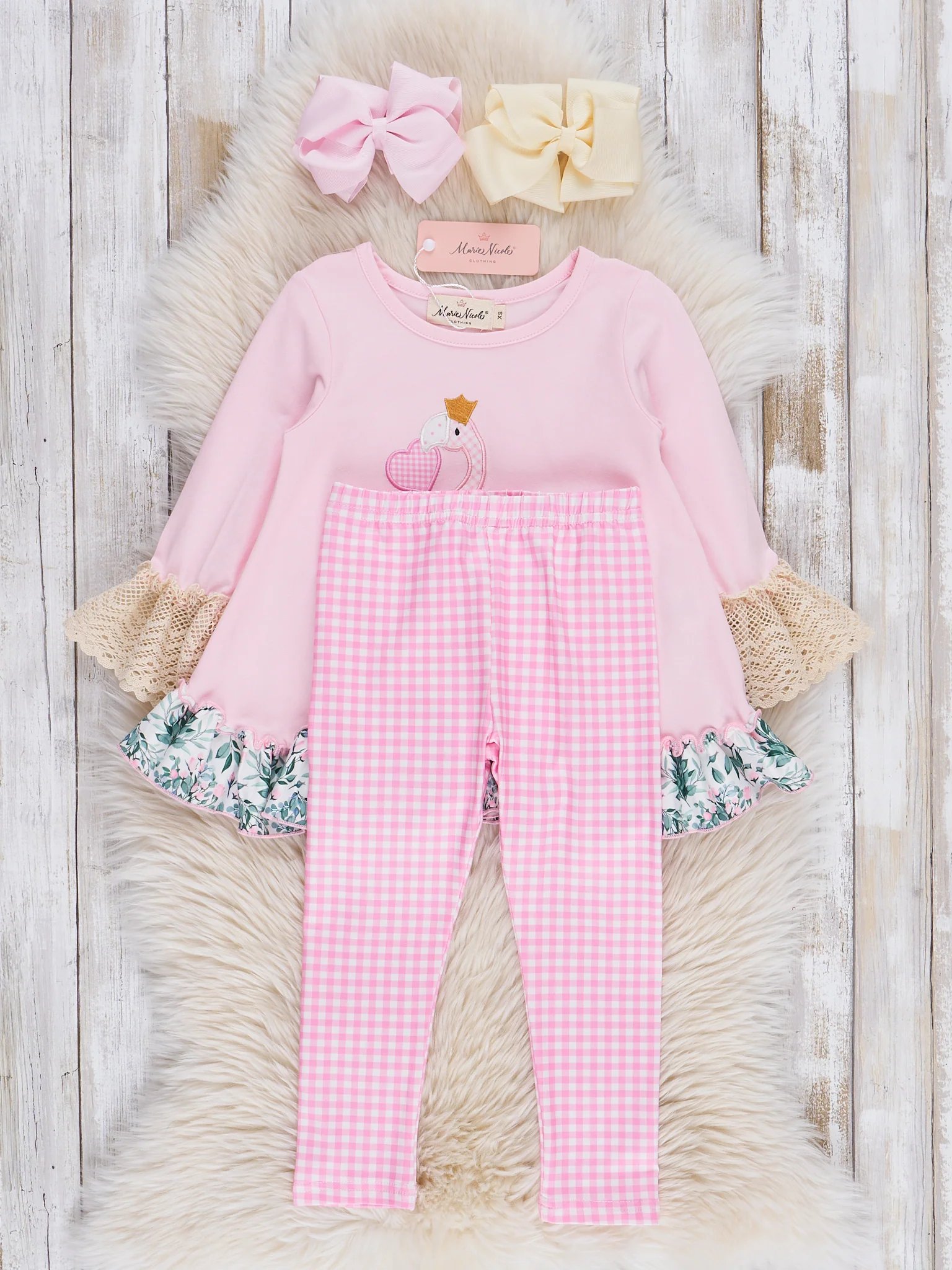 Pink Embroidered Heart Swan Ruffle Outfit - Image 2