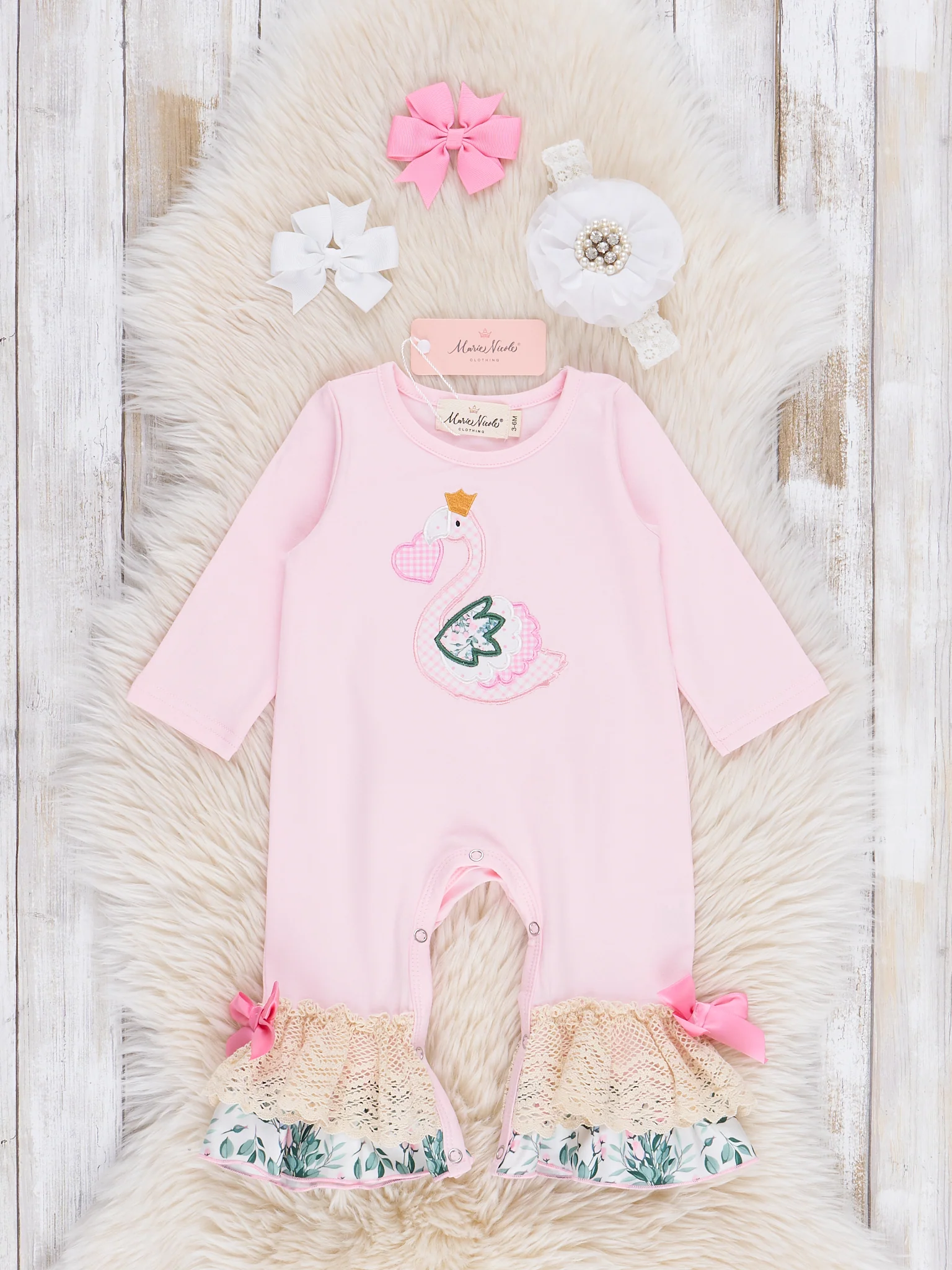 Pink Embroidered Heart Swan Ruffle Romper