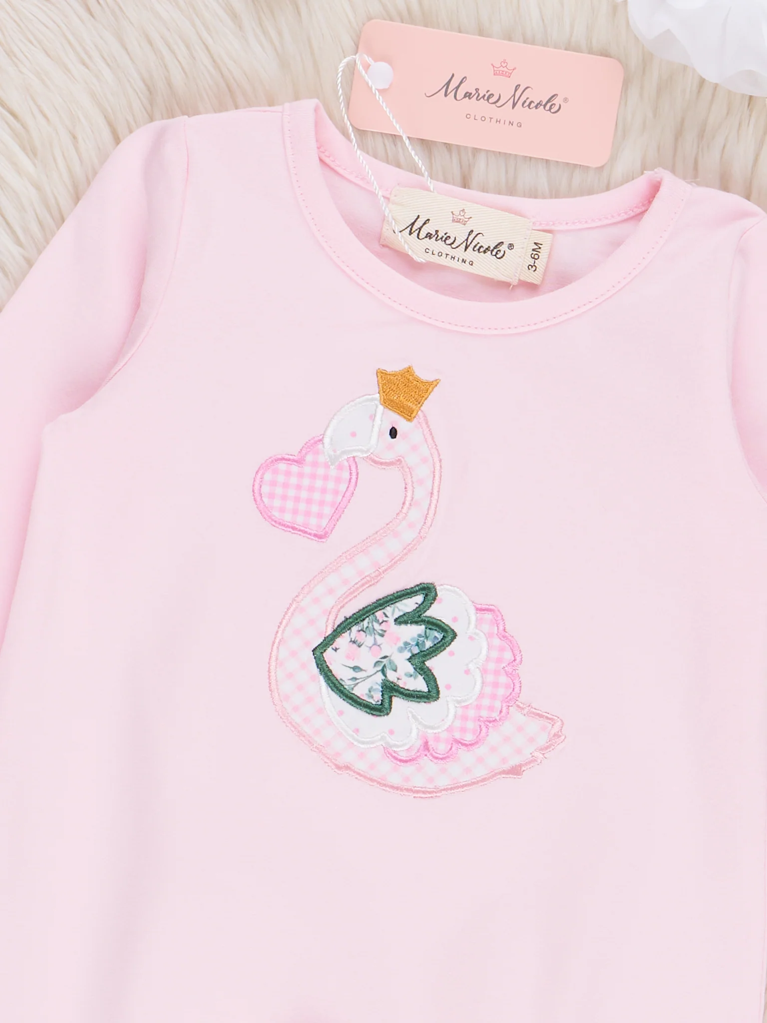Pink Embroidered Heart Swan Ruffle Romper - Image 2