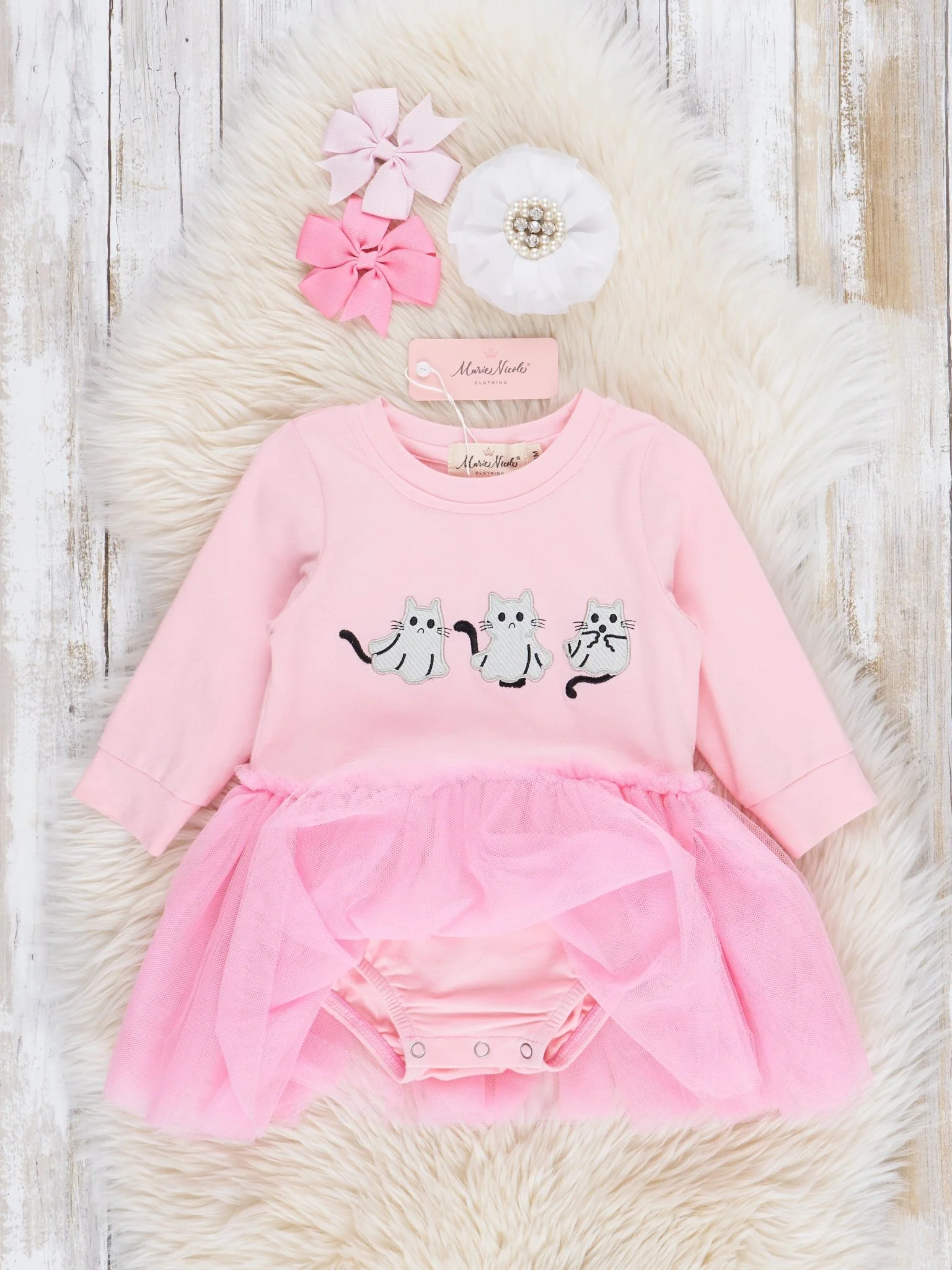 Pink Embroidered Kitties Tulle Bubble Romper - Image 3